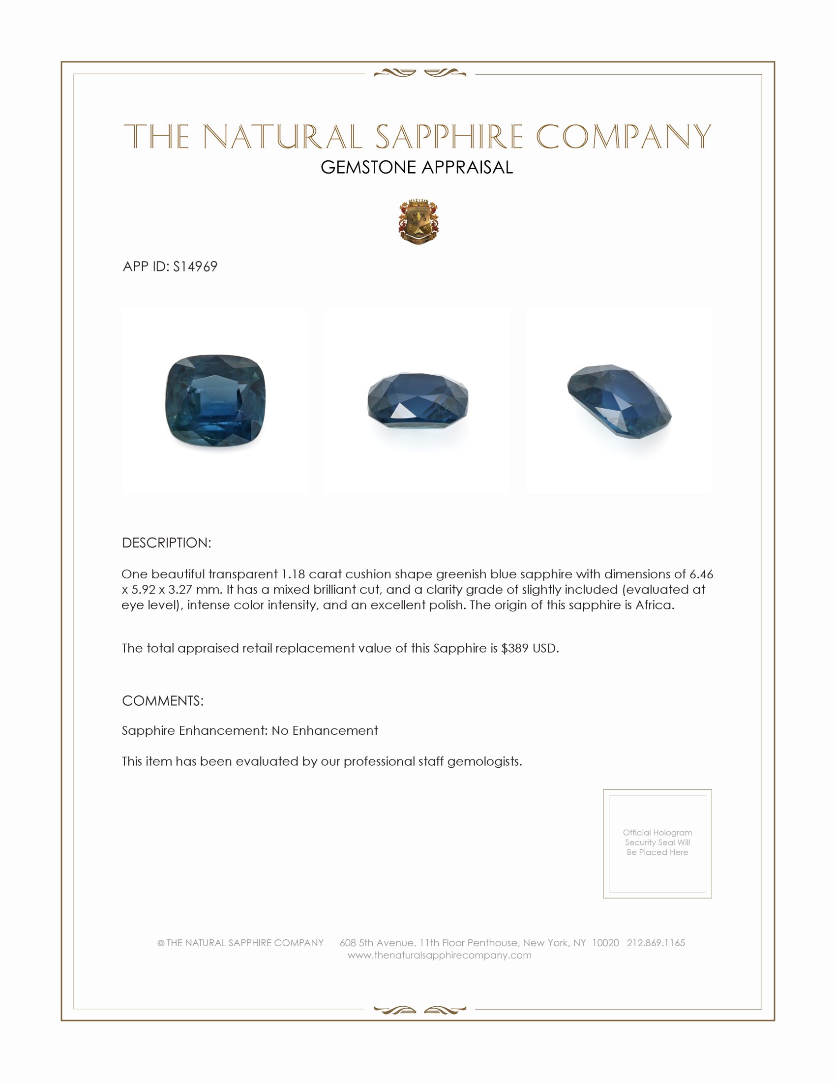 1.18 Ct. Greenish Blue Sapphire from Africa