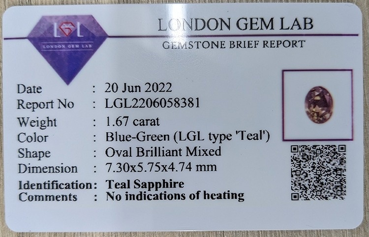 1.67 Ct. Bluish Green Sapphire from Ceylon (Sri Lanka)