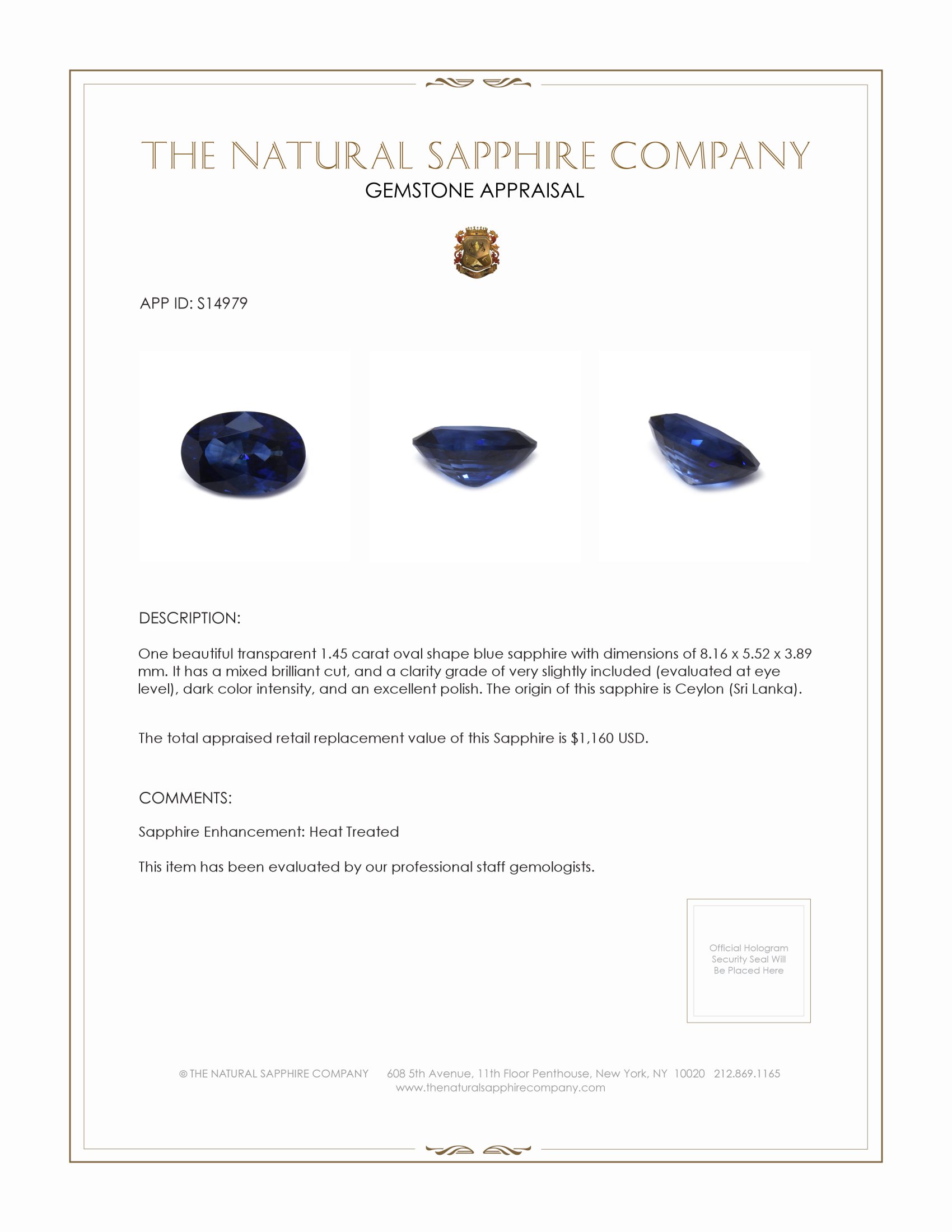 1.45 Ct. Blue Sapphire from Ceylon (Sri Lanka)