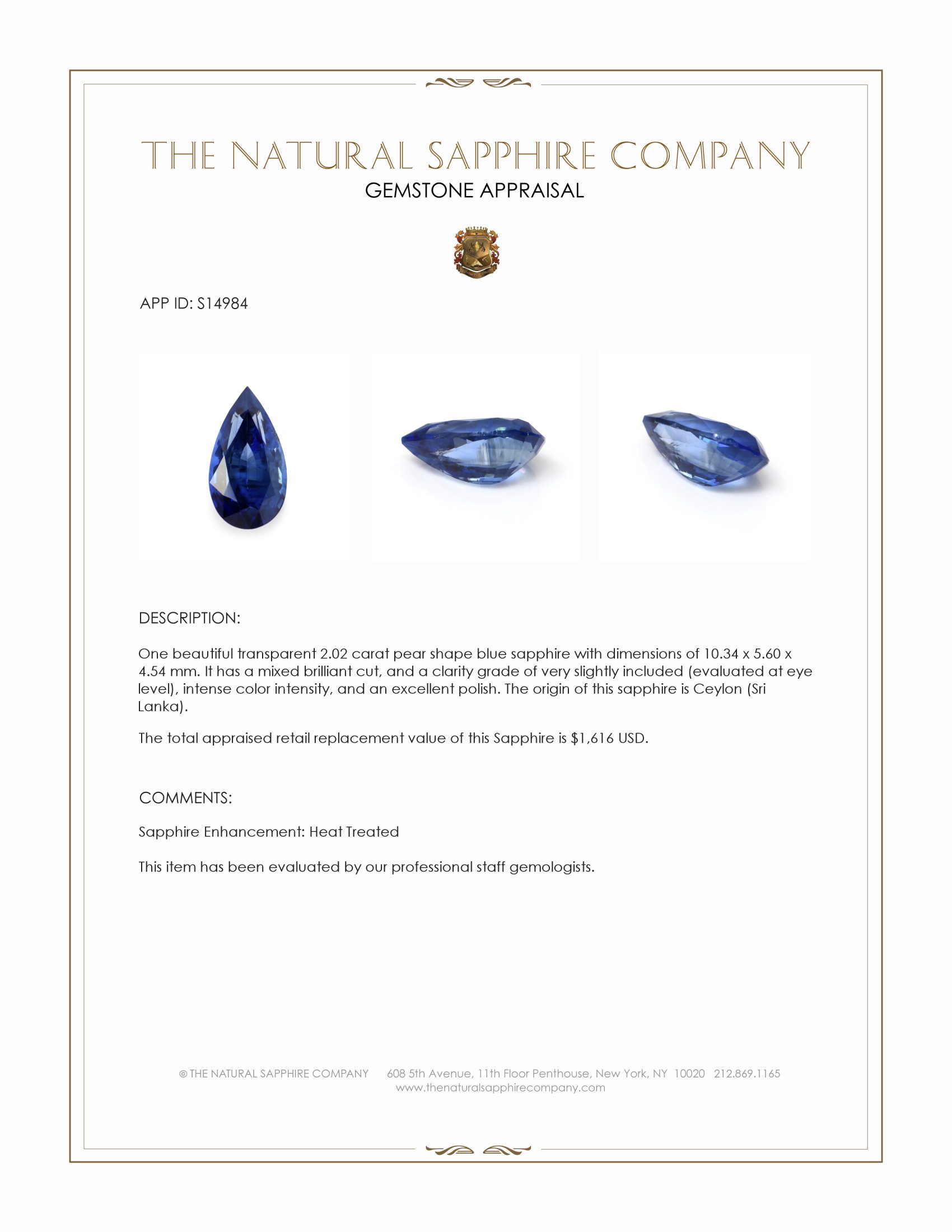 2.02 Ct. Blue Sapphire from Ceylon (Sri Lanka)