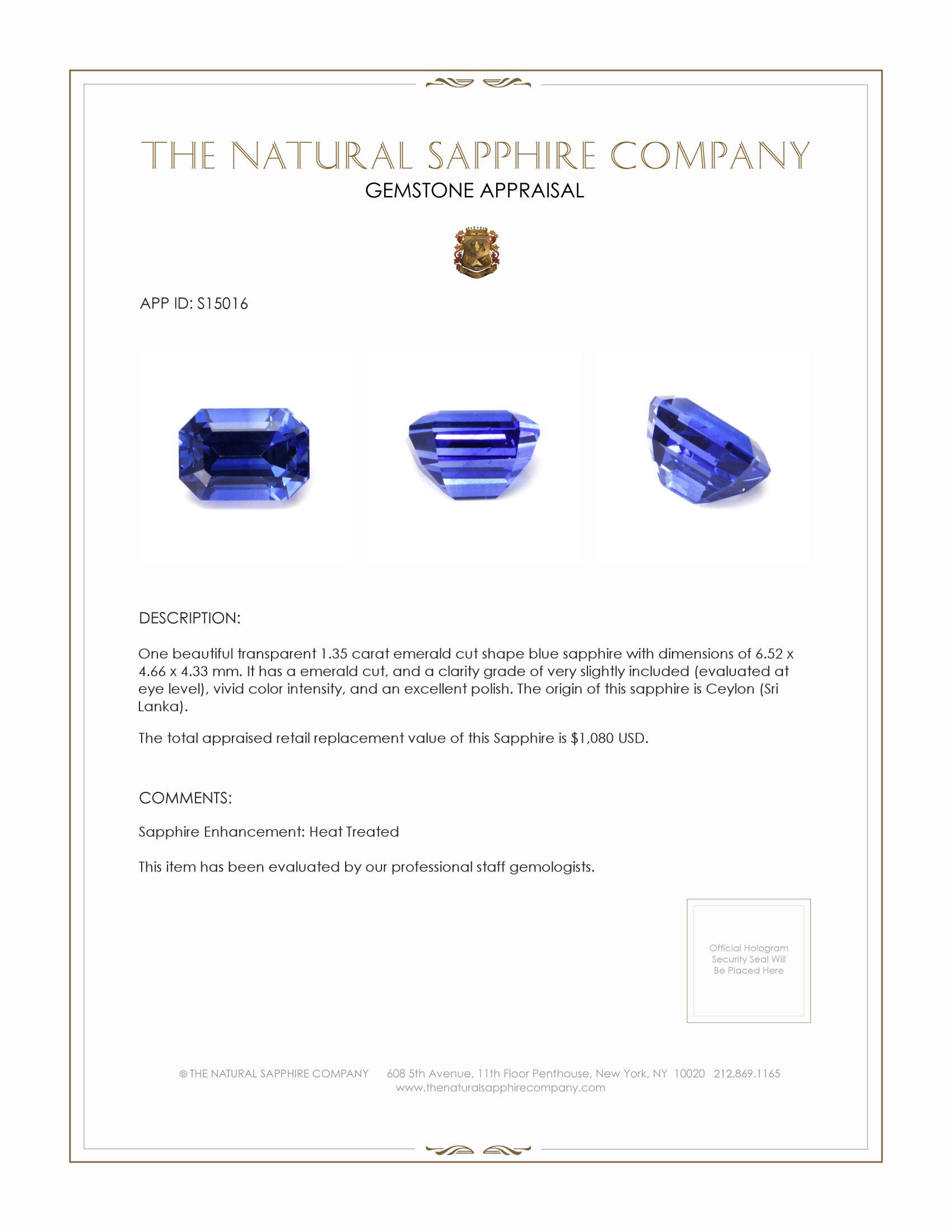 1.35 Ct. Blue Sapphire from Ceylon (Sri Lanka)