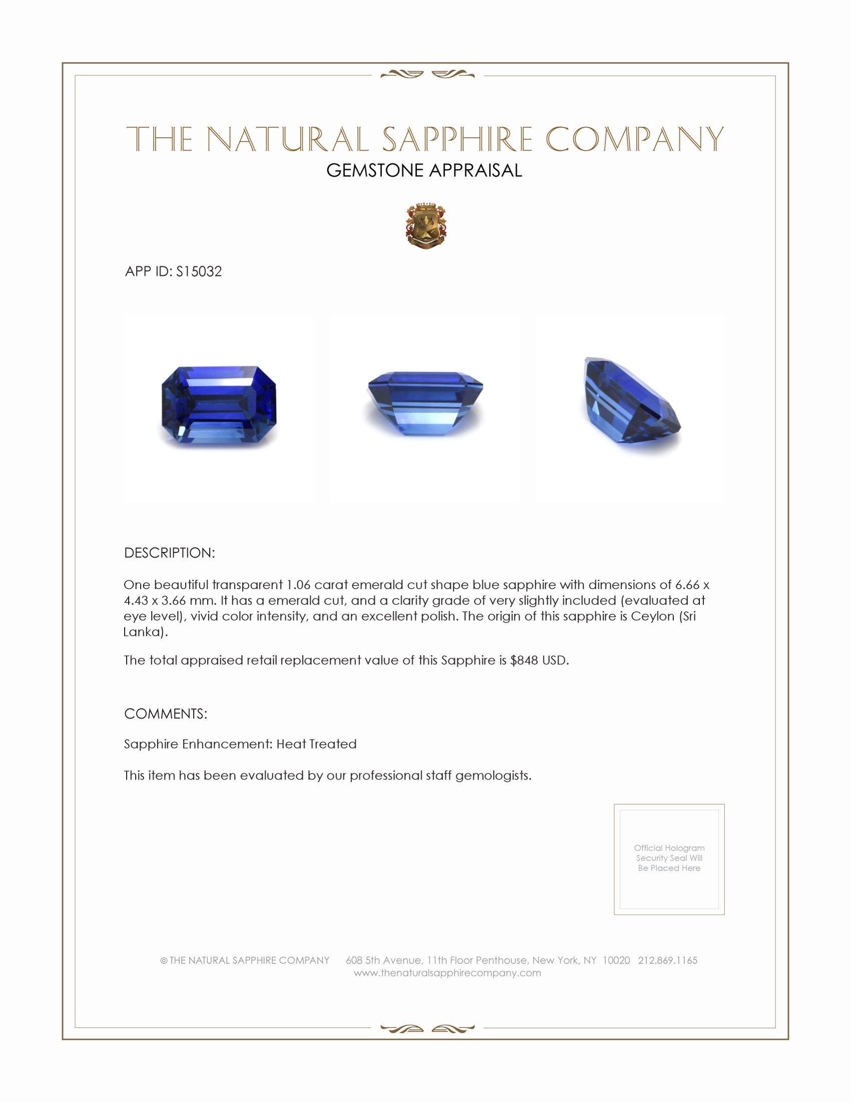 1.06 Ct. Blue Sapphire from Ceylon (Sri Lanka)