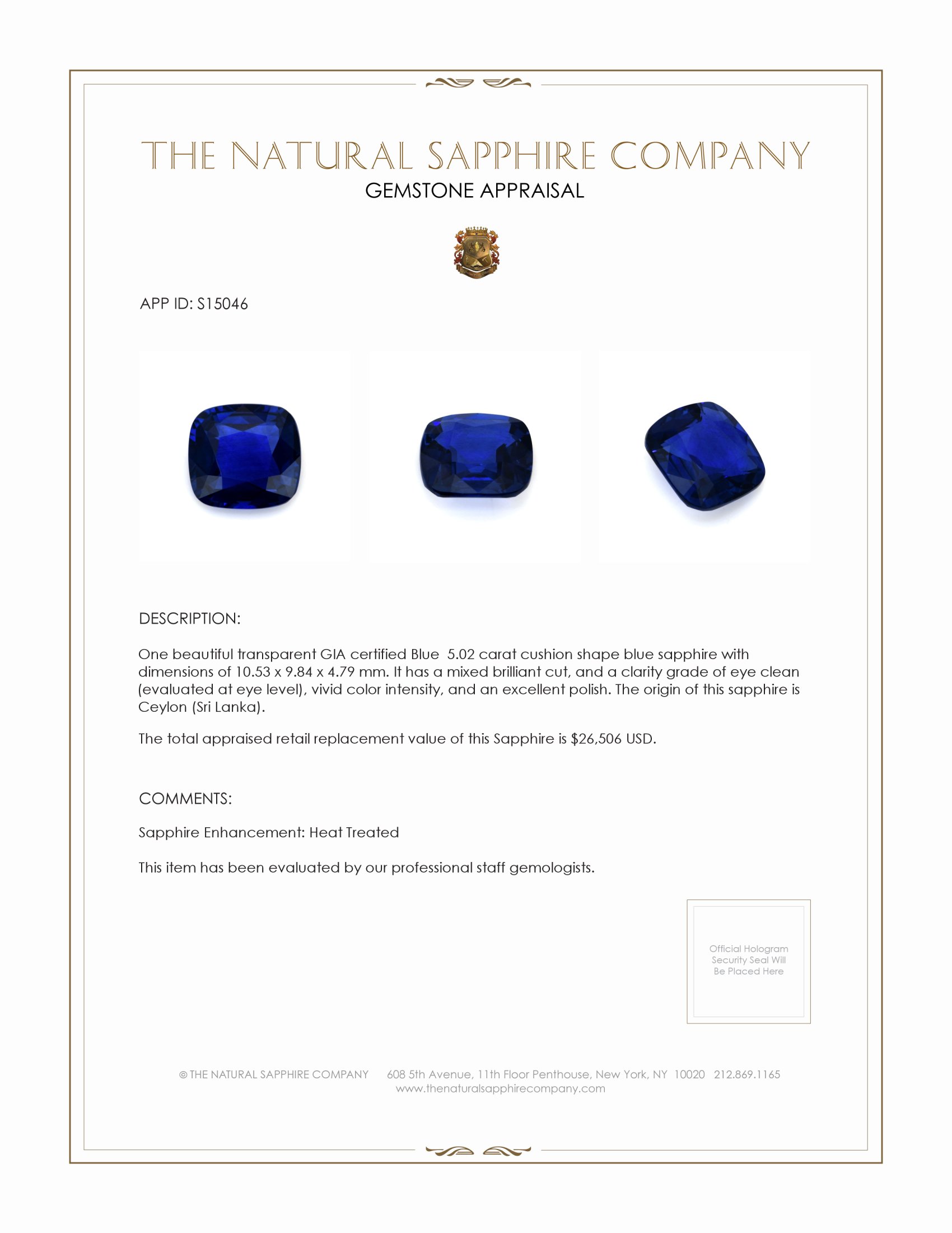 5.02 Ct. Blue Sapphire from Ceylon (Sri Lanka)