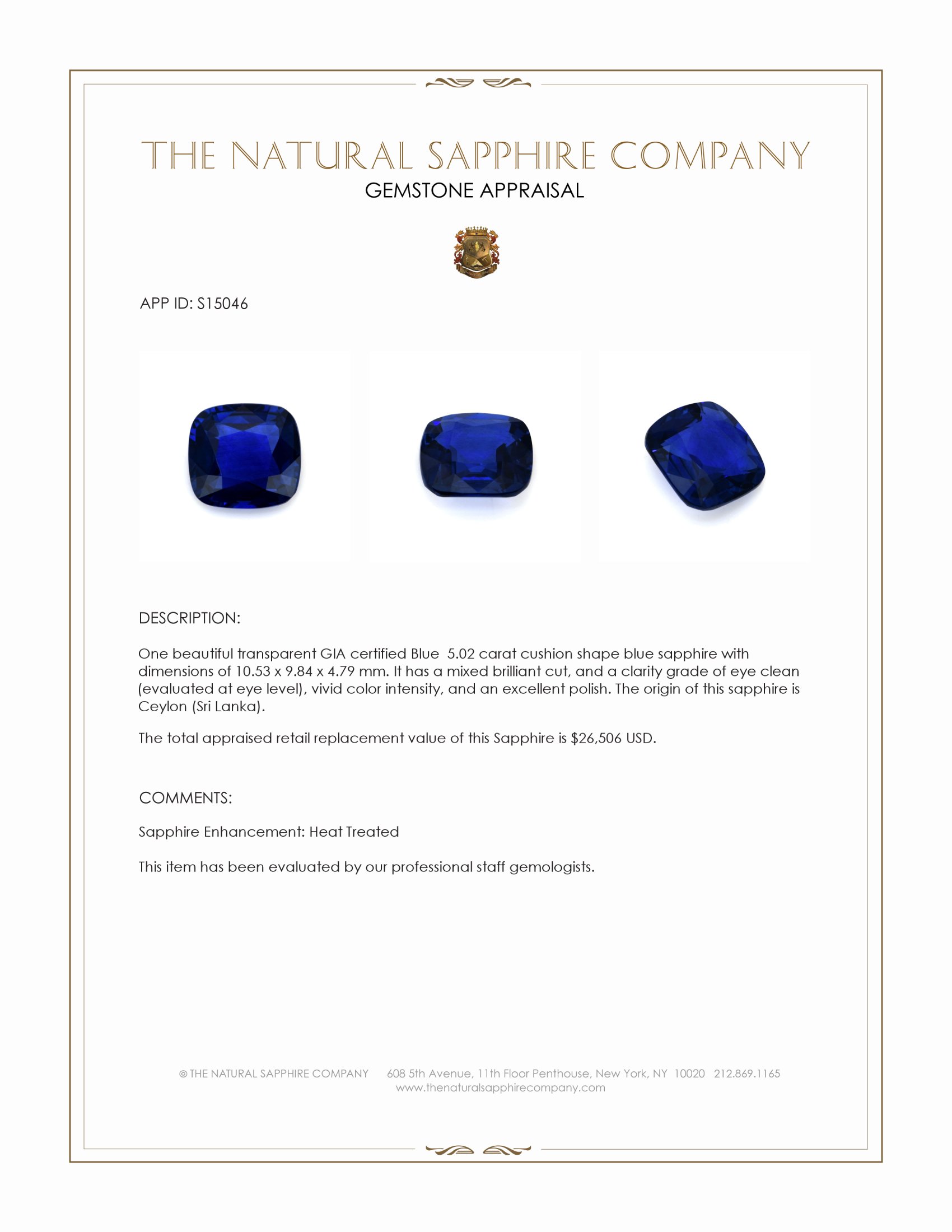 5.02 Ct. Blue Sapphire from Ceylon (Sri Lanka)