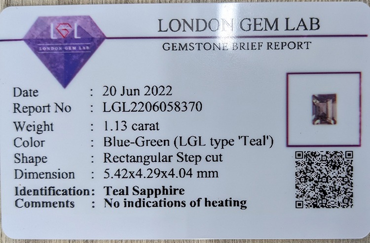 1.13 Ct. Bluish Green Sapphire from Ceylon (Sri Lanka)