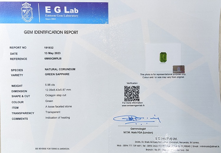 5.98 Ct. Green Sapphire from Ceylon (Sri Lanka)