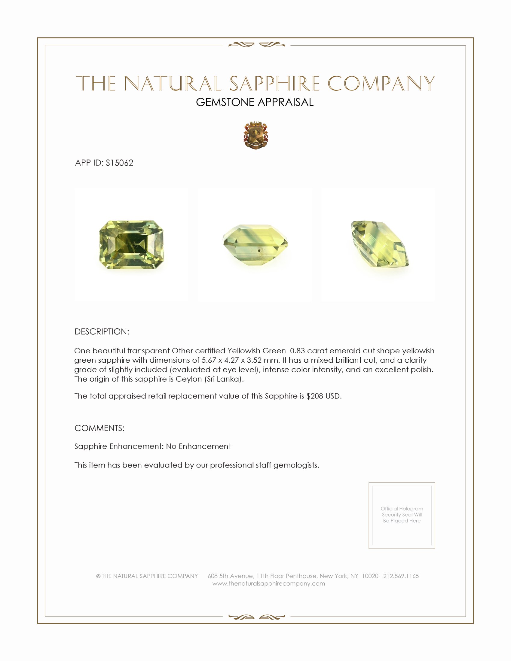 0.83 Ct. Yellowish Green Sapphire from Ceylon (Sri Lanka)