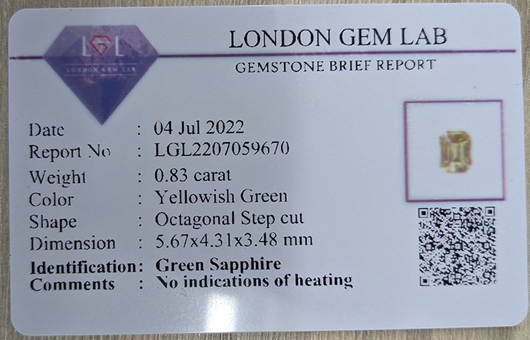 0.83 Ct. Yellowish Green Sapphire from Ceylon (Sri Lanka)