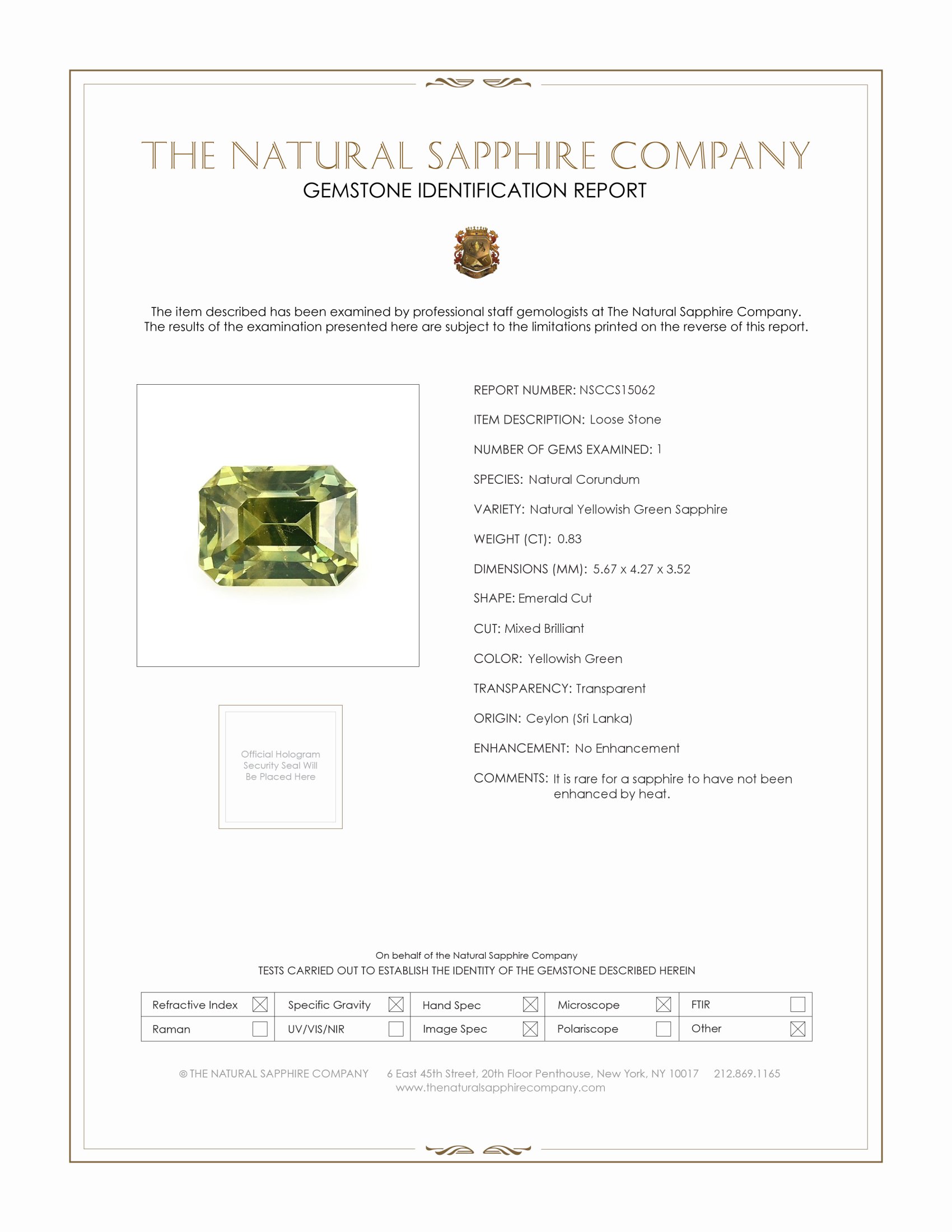 0.83 Ct. Yellowish Green Sapphire from Ceylon (Sri Lanka)