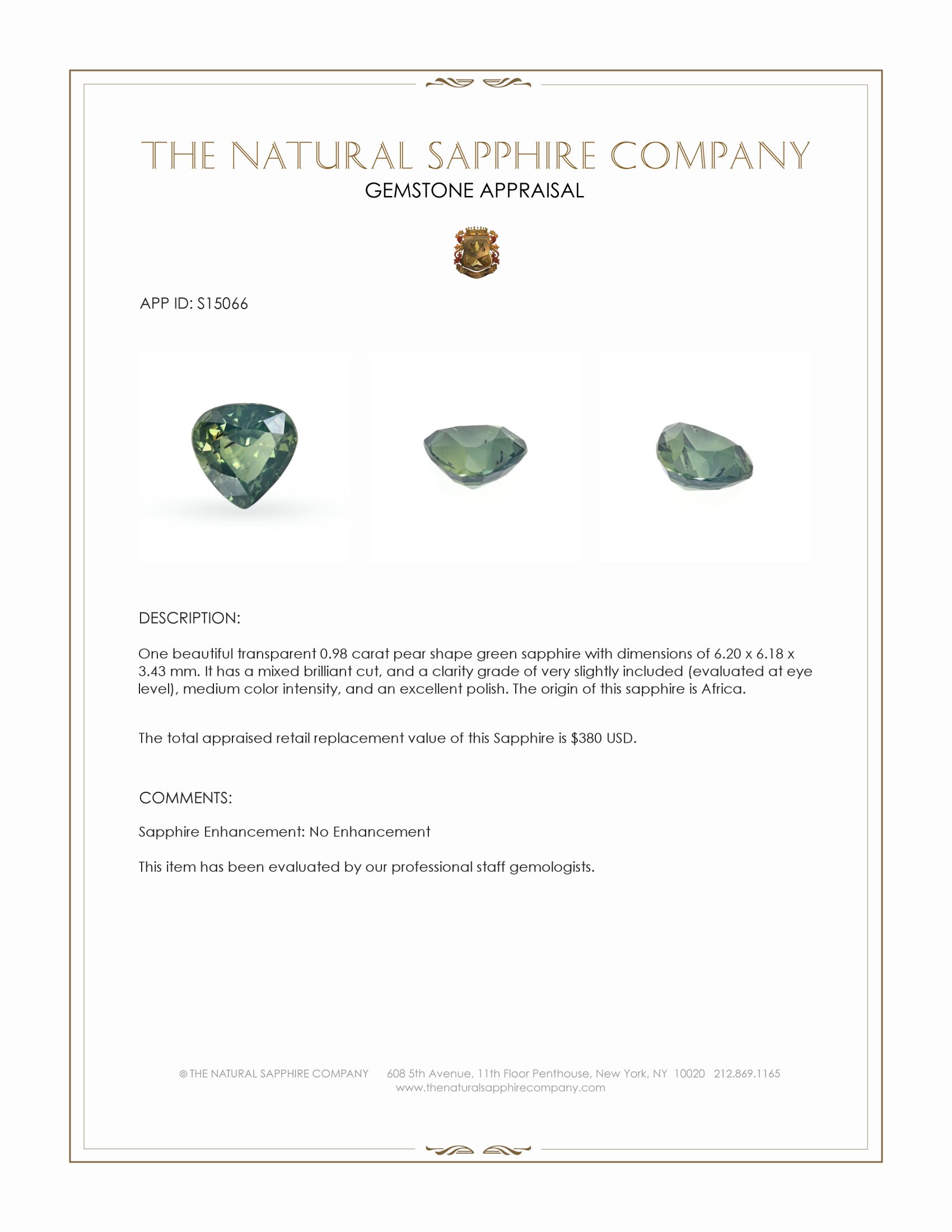 0.98 Ct. Green Sapphire from Africa