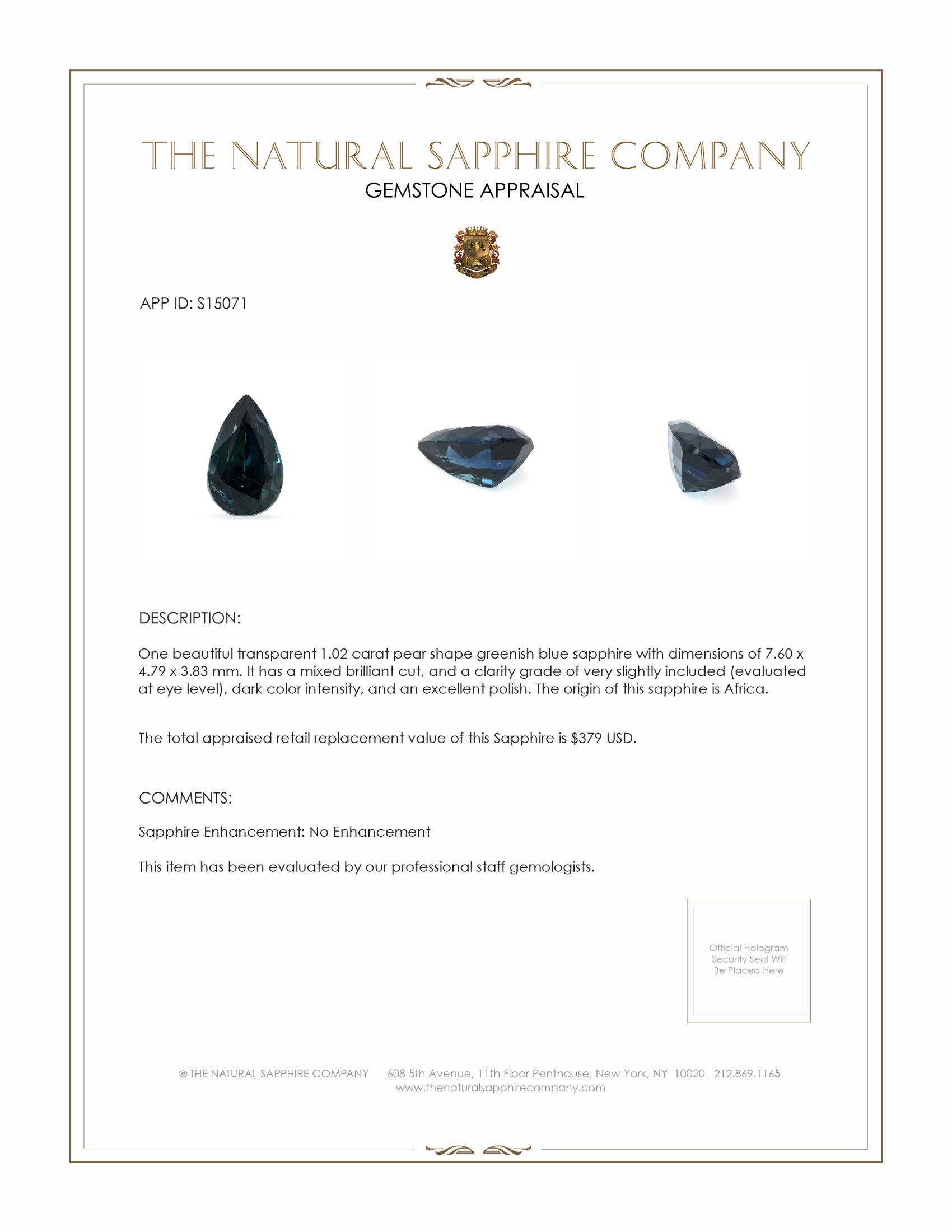 1.02 Ct. Greenish Blue Sapphire from Africa