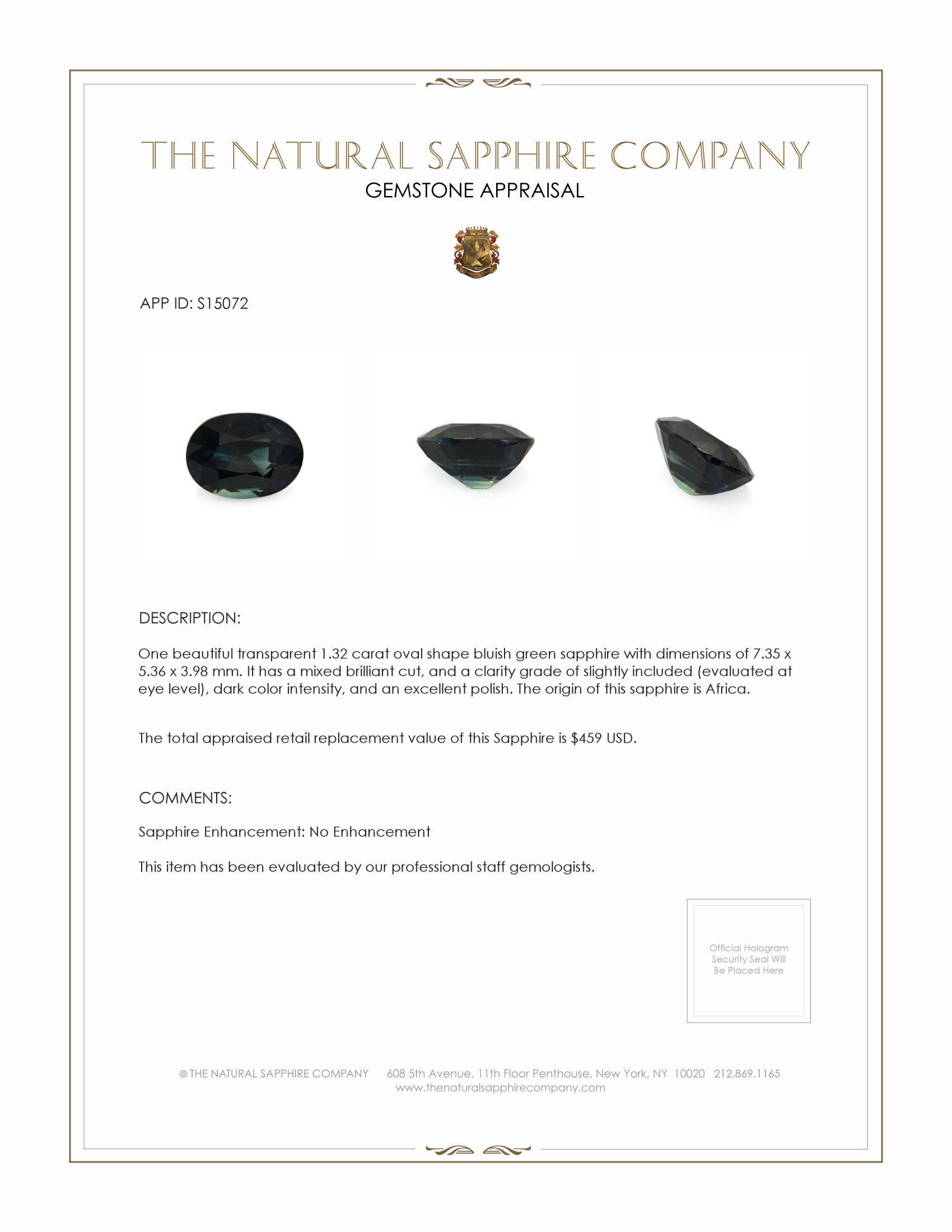 1.32 Ct. Bluish Green Sapphire from Africa