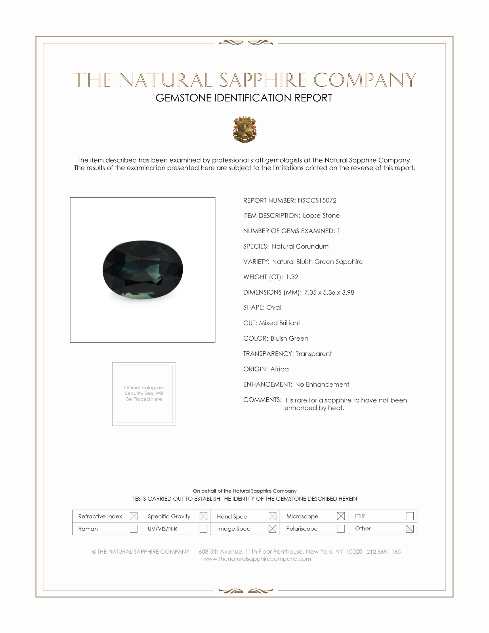 1.32 Ct. Bluish Green Sapphire from Africa