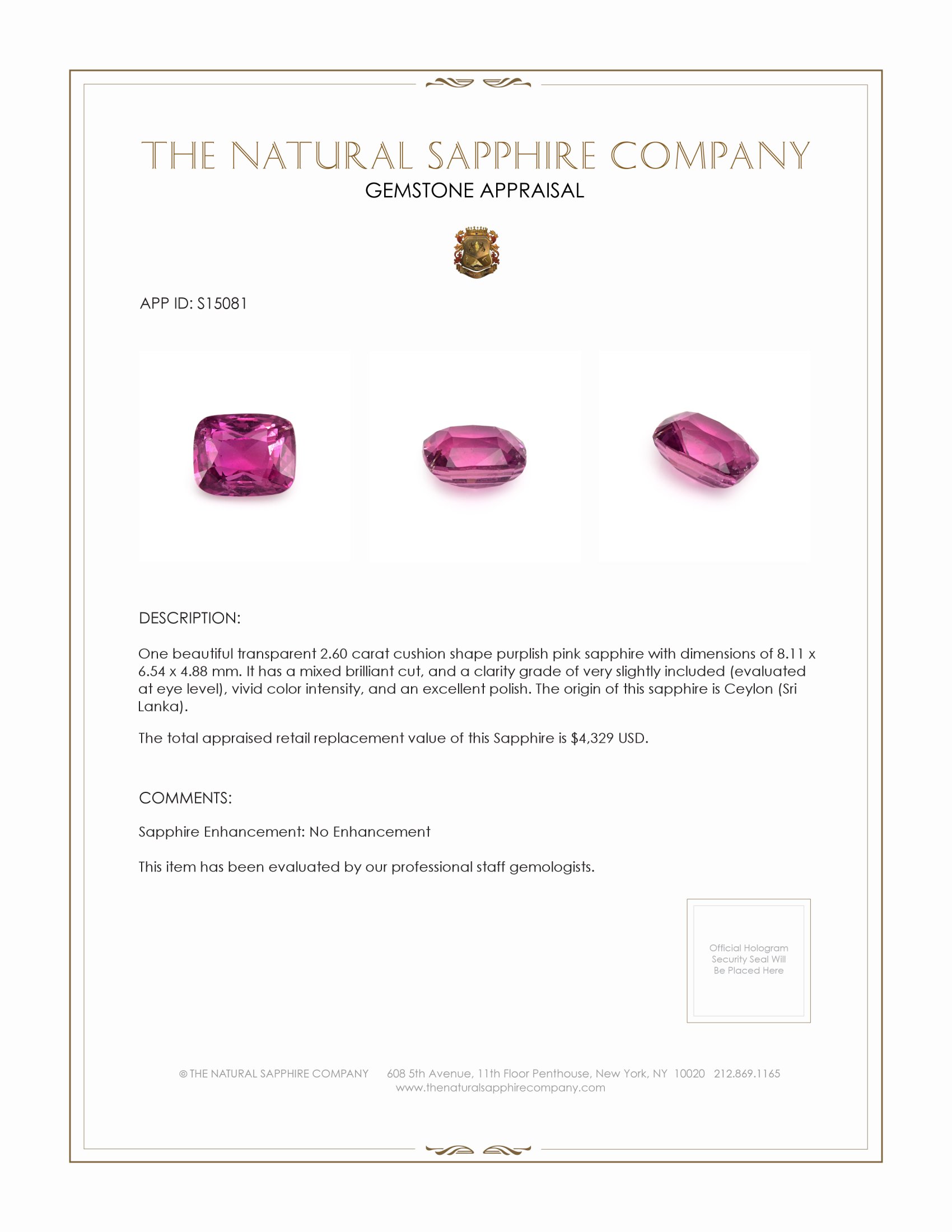 2.60 Ct. Purplish Pink Sapphire from Ceylon (Sri Lanka)