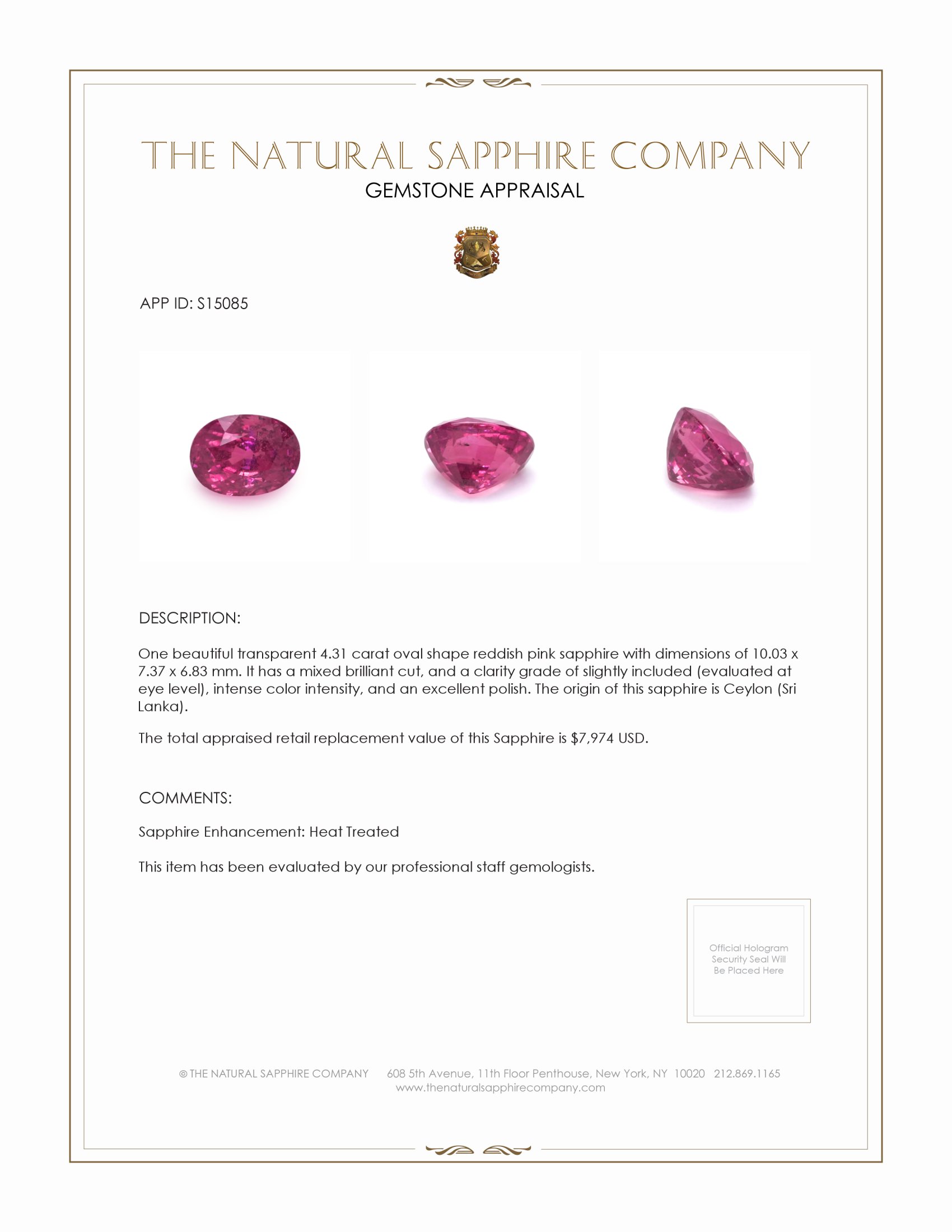 4.31 Ct. Reddish Pink Sapphire from Ceylon (Sri Lanka)