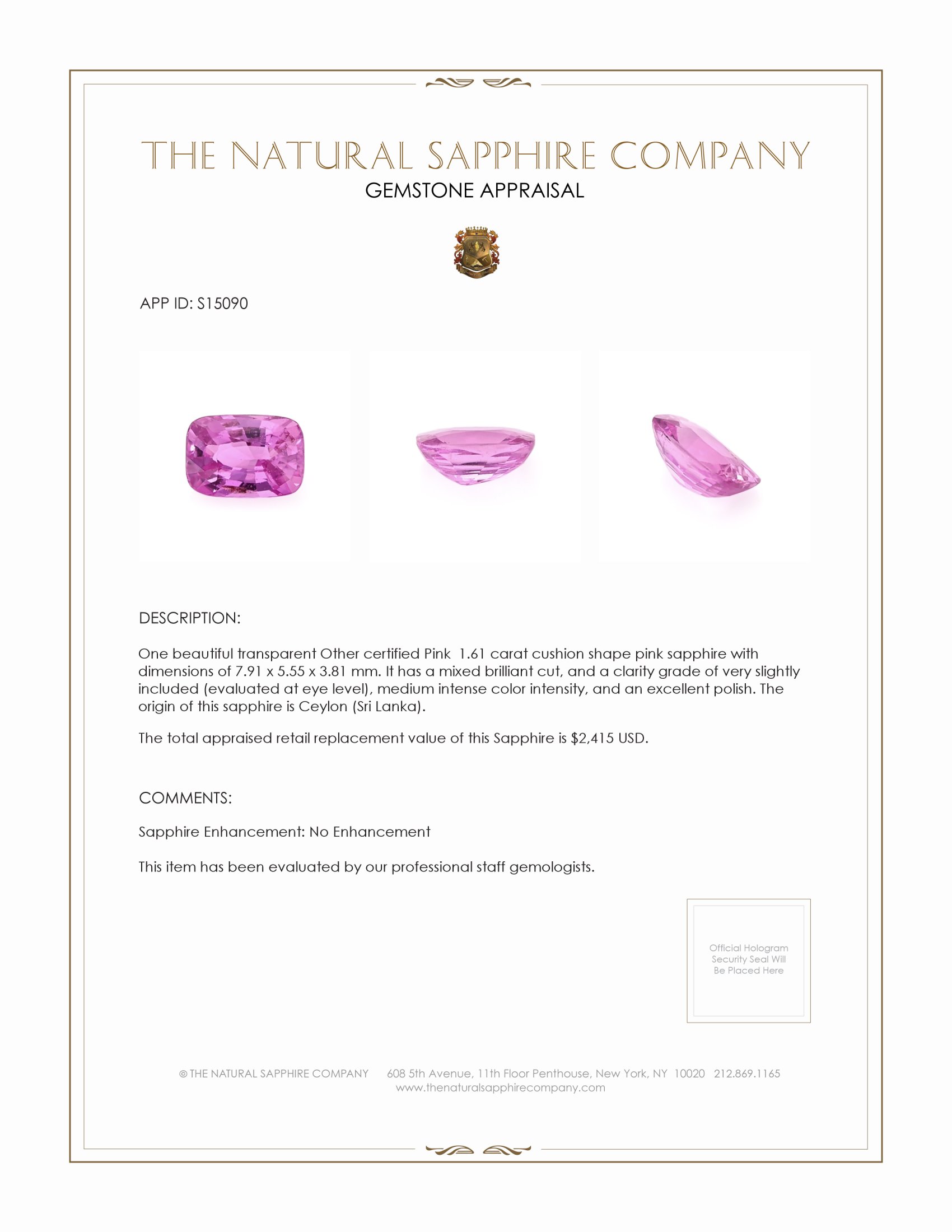 1.61 Ct. Pink Sapphire from Ceylon (Sri Lanka)
