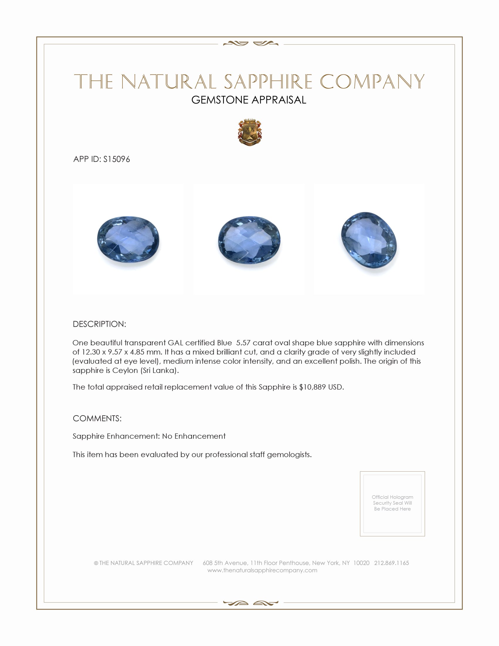 5.57 Ct. Blue Sapphire from Ceylon (Sri Lanka)