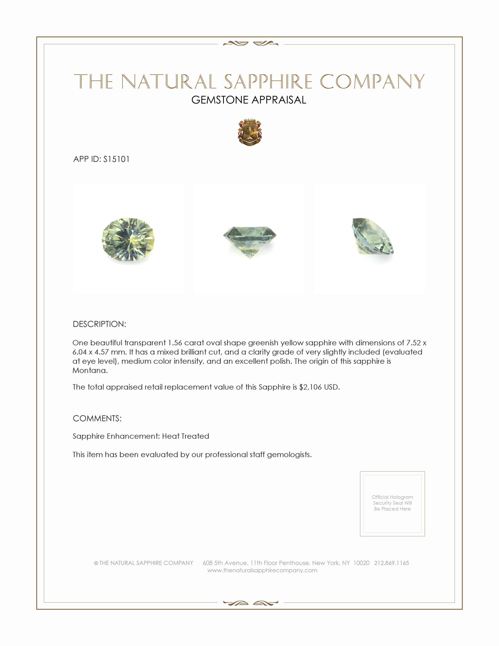 1.56 Ct. Greenish Yellow Sapphire from Montana