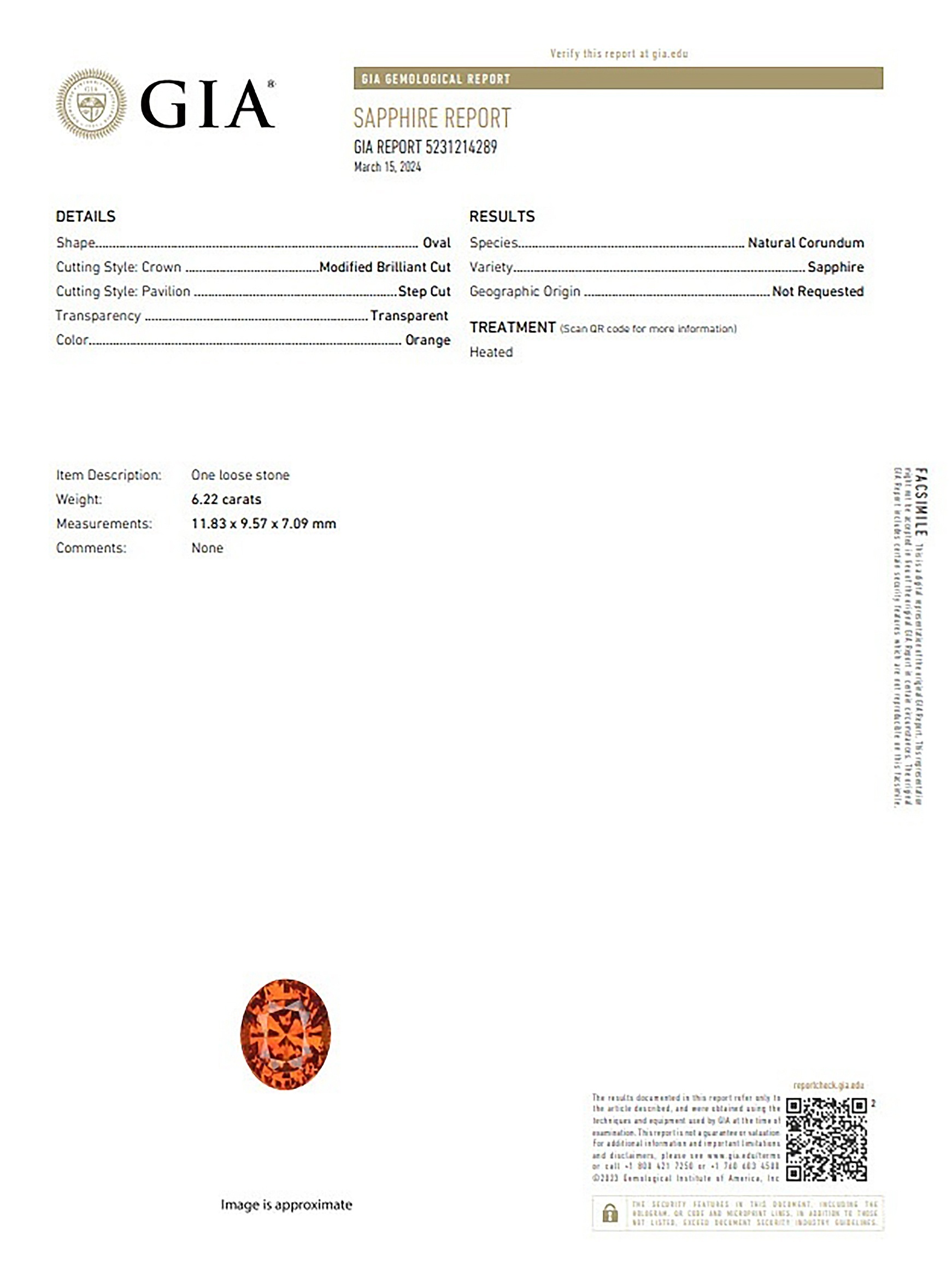 6.22 Ct. Orange Sapphire from Ceylon (Sri Lanka)