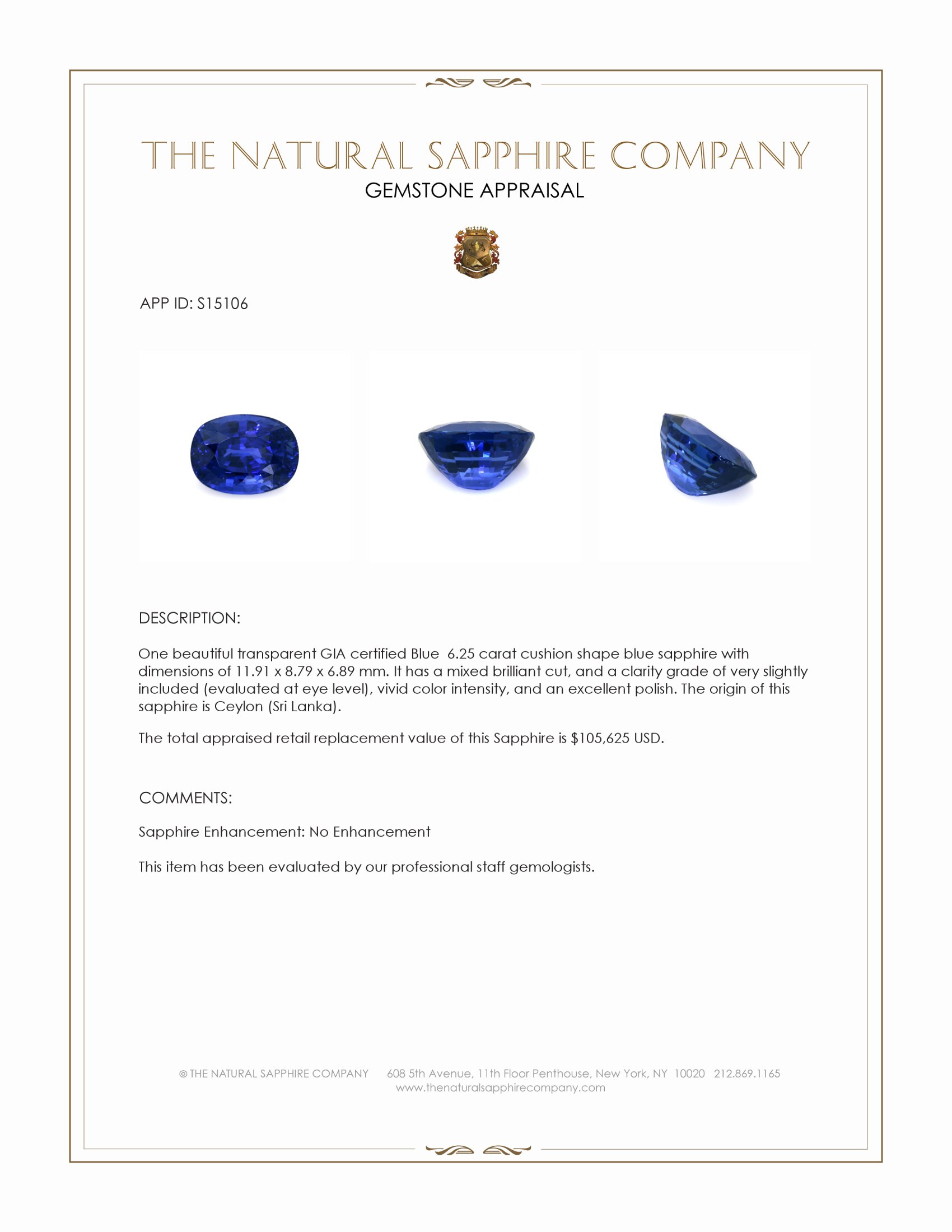 6.25 Ct. Blue Sapphire from Ceylon (Sri Lanka)