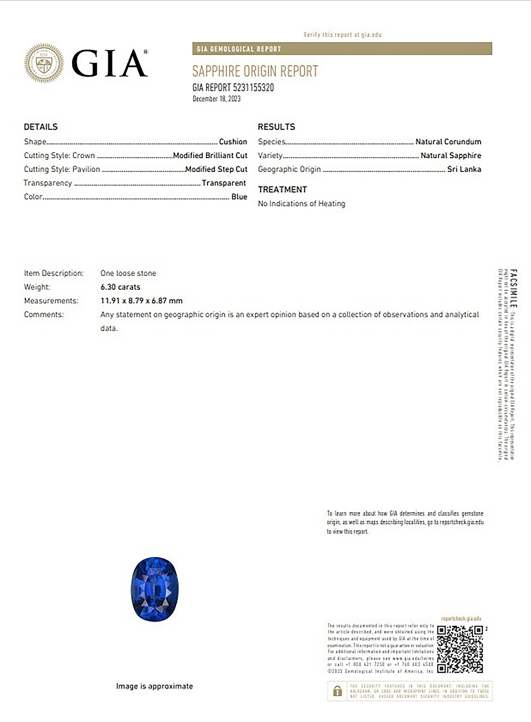 6.25 Ct. Blue Sapphire from Ceylon (Sri Lanka)