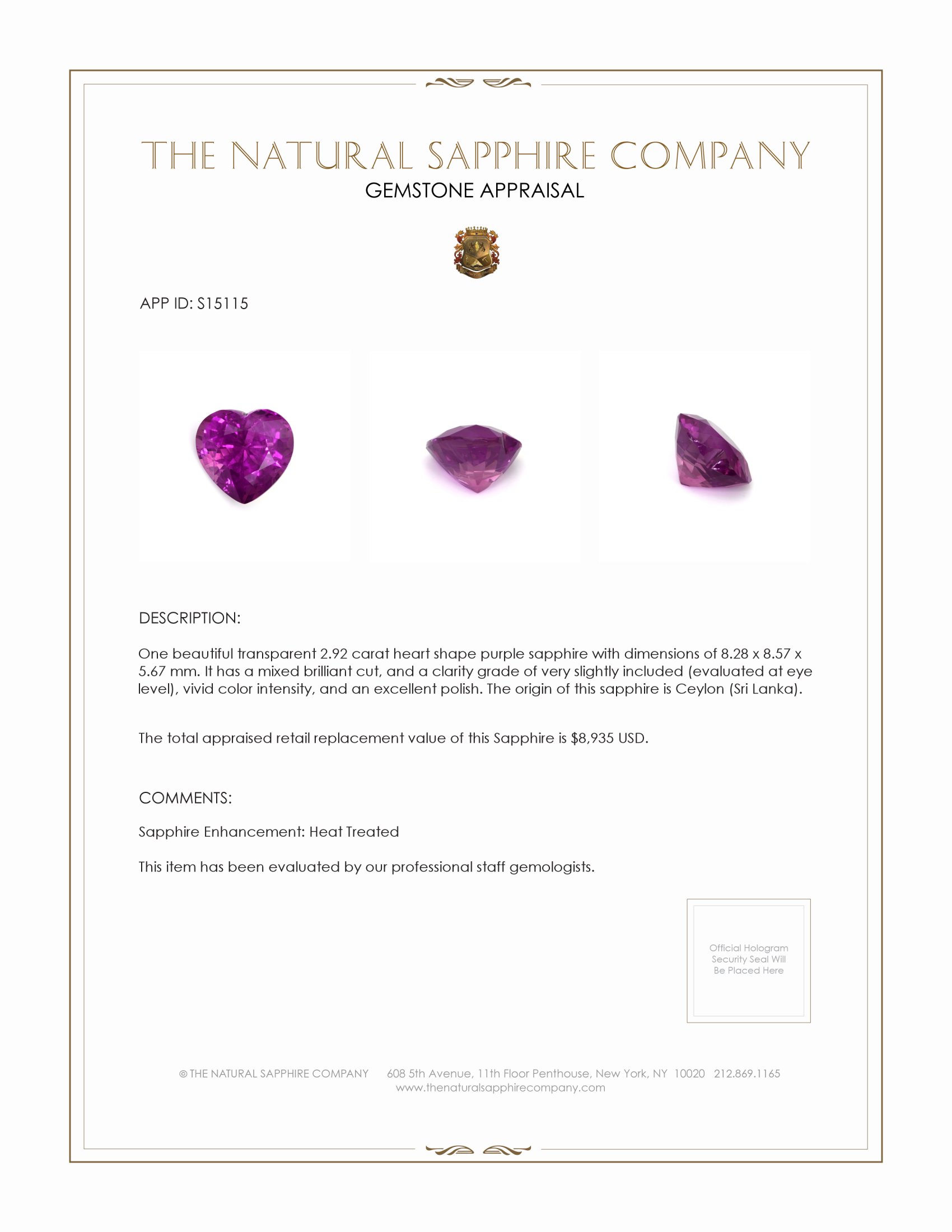 2.92 Ct. Purple Sapphire from Ceylon (Sri Lanka)