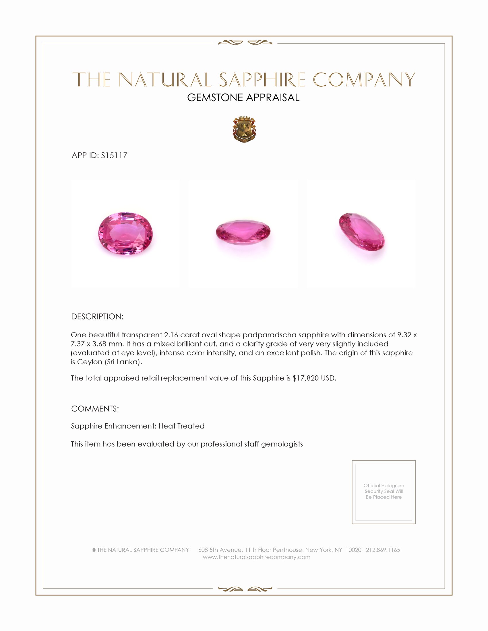 2.16 Ct. Padparadscha Sapphire from Ceylon (Sri Lanka)
