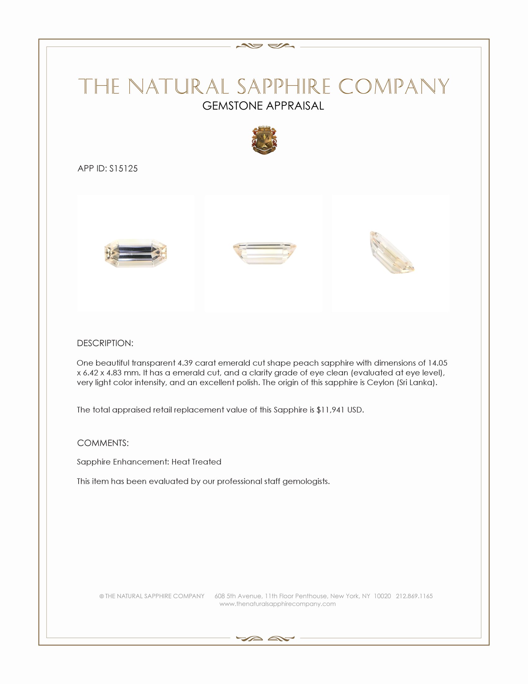 4.39 Ct. Peach Sapphire from Ceylon (Sri Lanka)