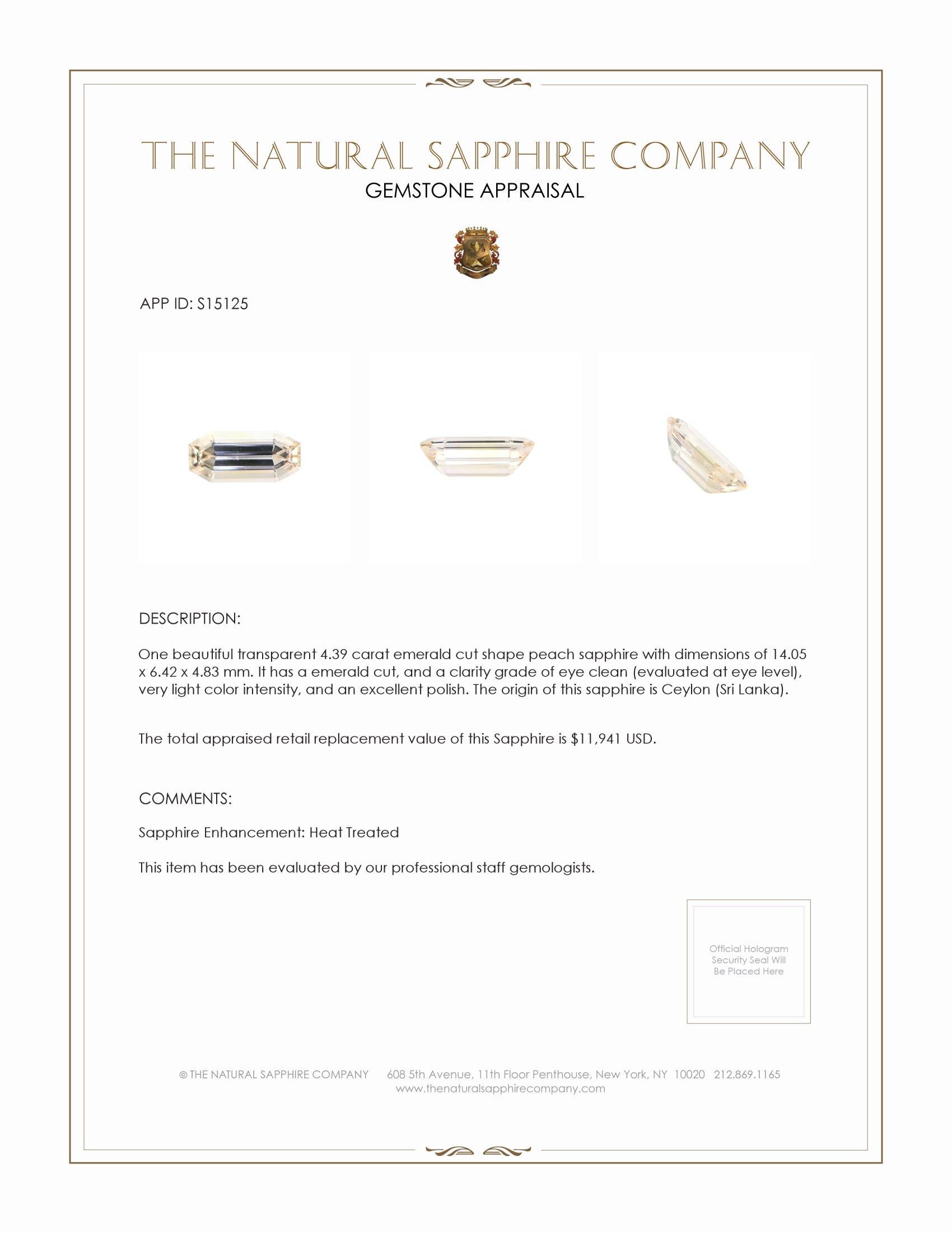 4.39 Ct. Peach Sapphire from Ceylon (Sri Lanka)