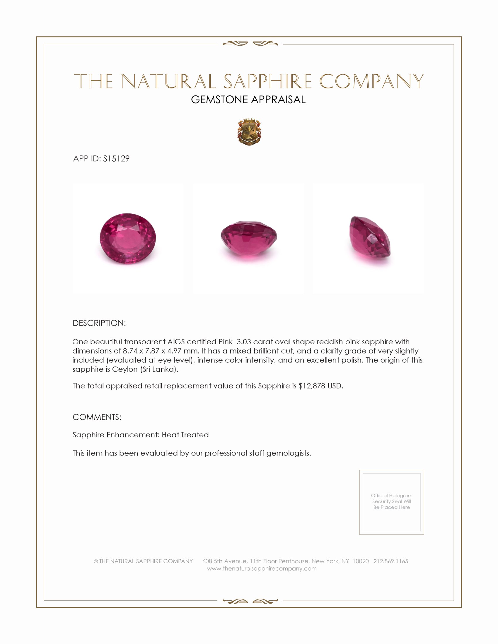 3.03 Ct. Reddish Pink Sapphire from Ceylon (Sri Lanka)