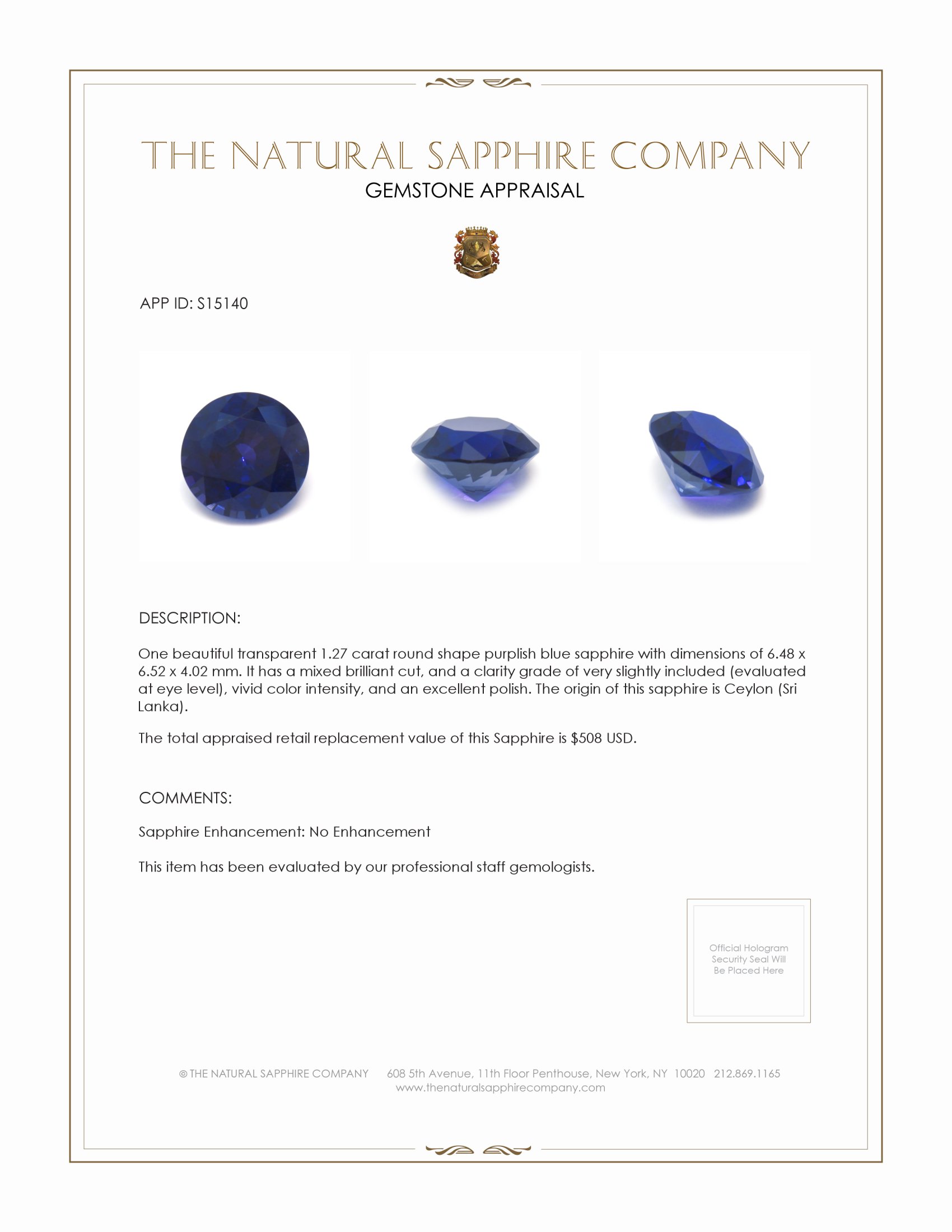 1.27 Ct. Purplish Blue Sapphire from Ceylon (Sri Lanka)