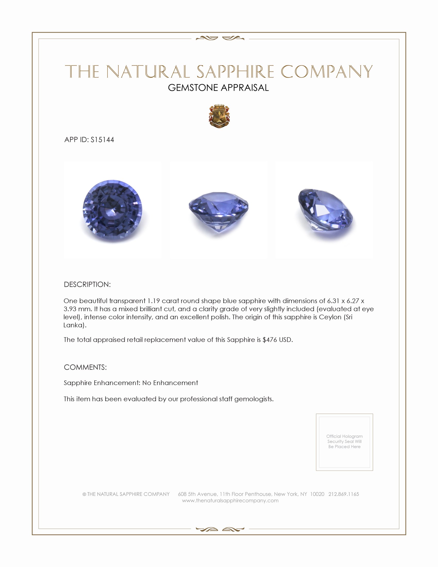 1.19 Ct. Blue Sapphire from Ceylon (Sri Lanka)