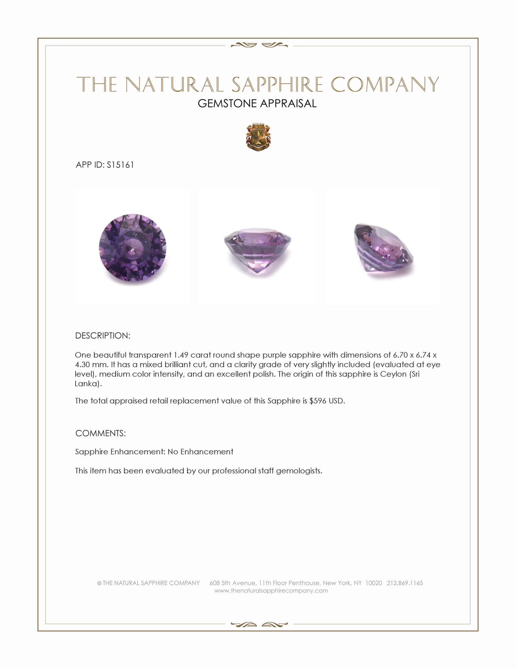 1.49 Ct. Purple Sapphire from Ceylon (Sri Lanka)