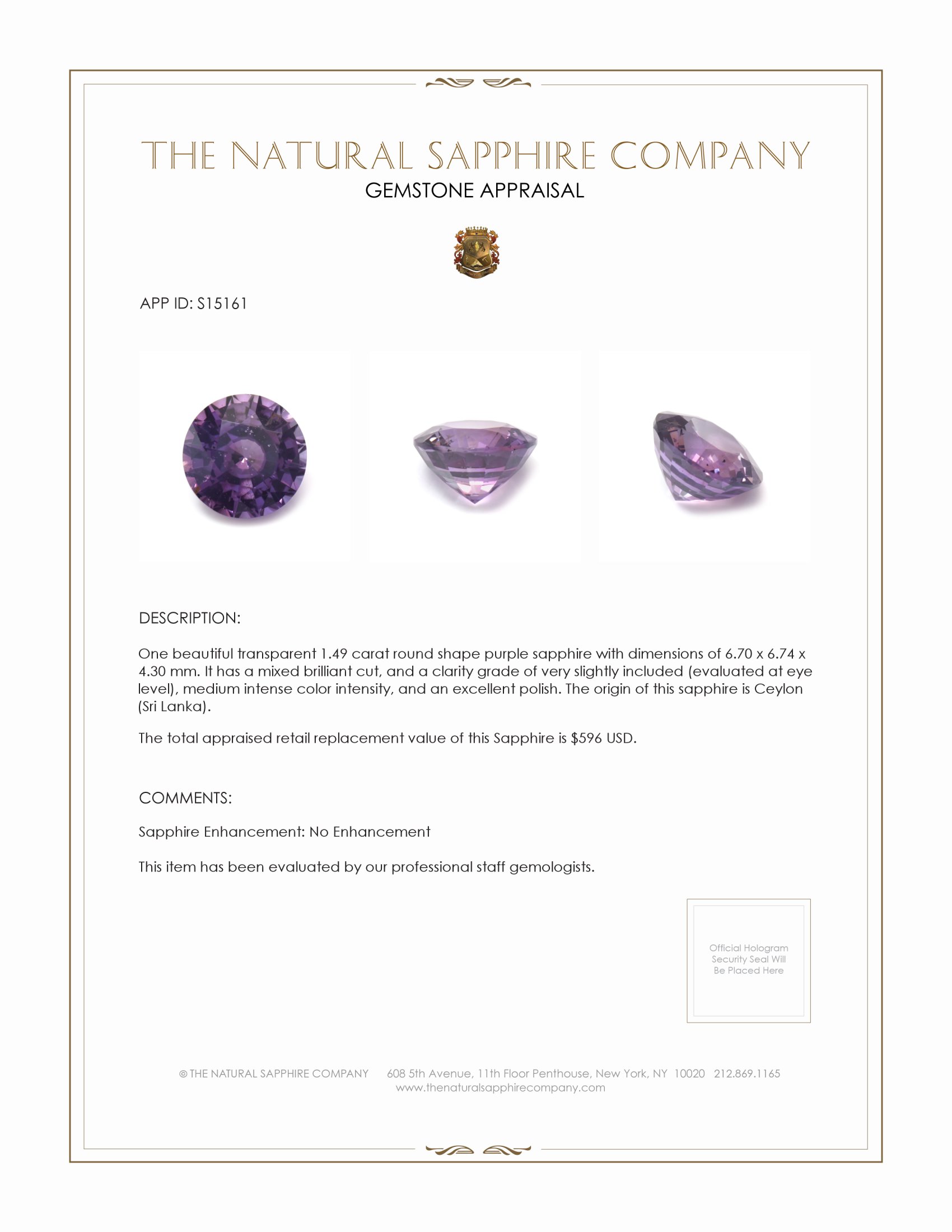 1.49 Ct. Purple Sapphire from Ceylon (Sri Lanka)