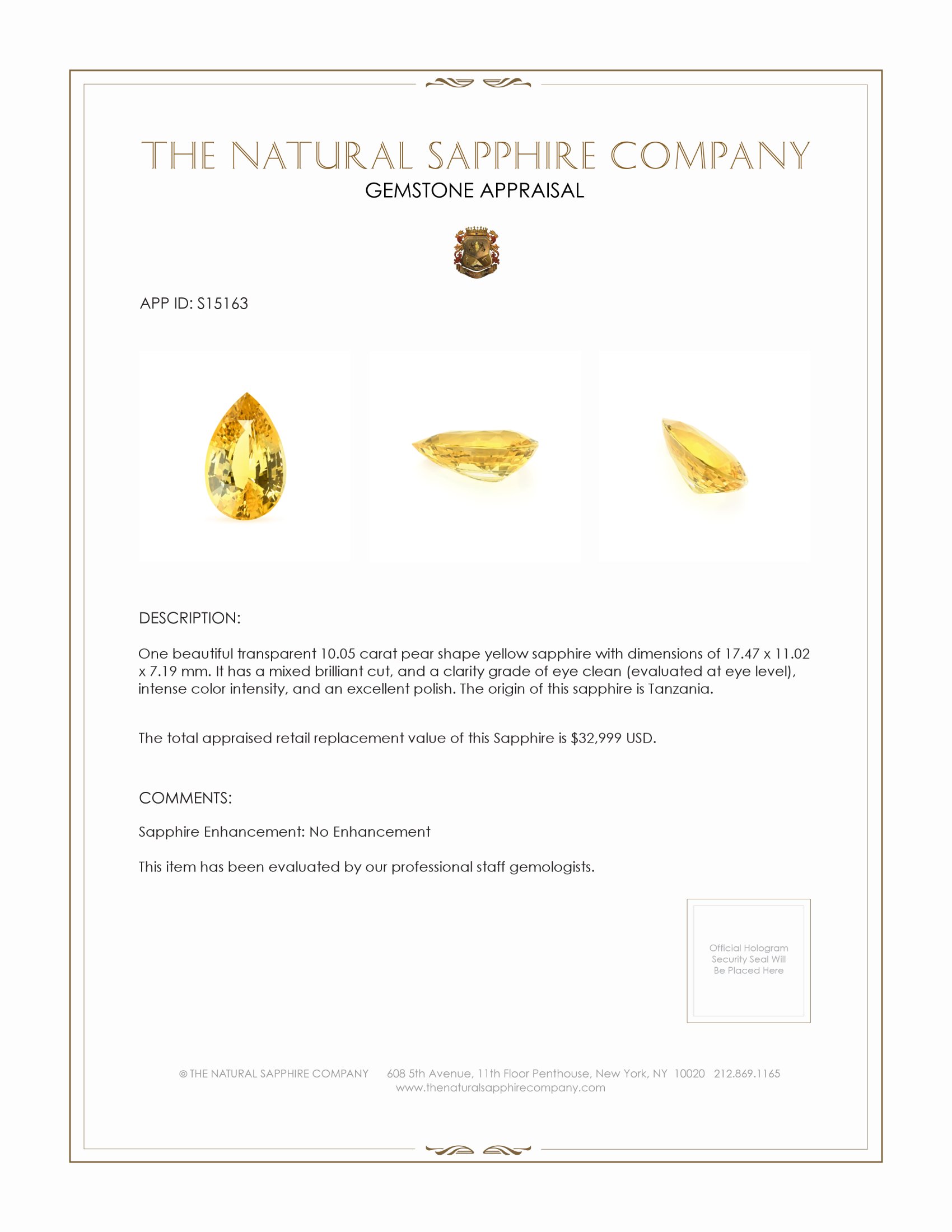 10.05 Ct. Yellow Sapphire from Tanzania