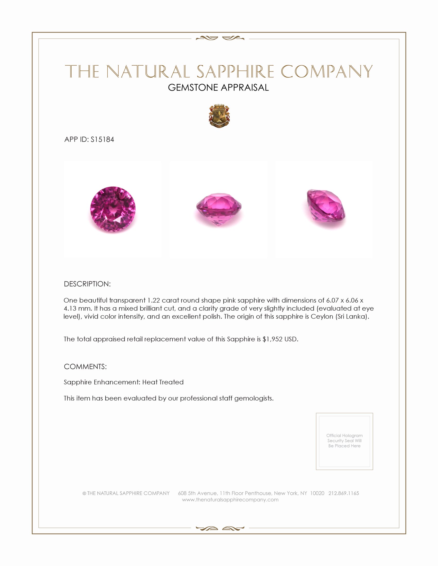 1.22 Ct. Pink Sapphire from Ceylon (Sri Lanka)