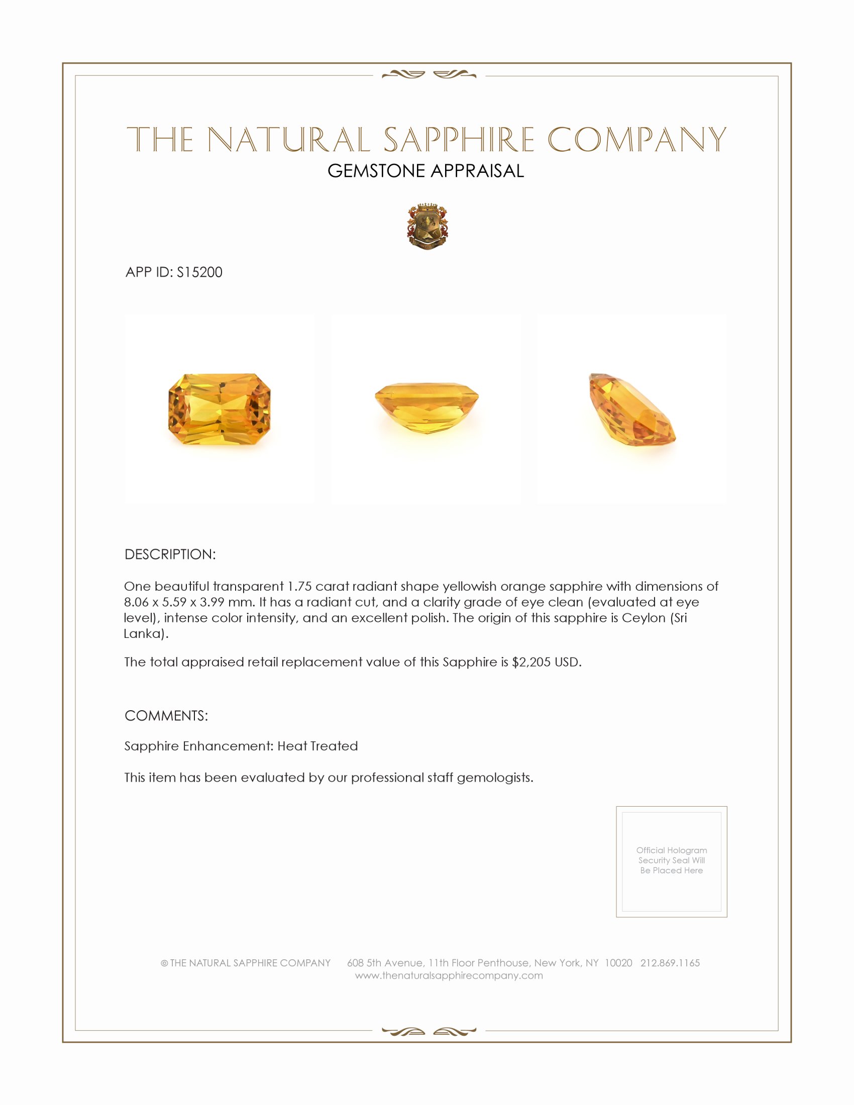 1.75 Ct. Yellowish Orange Sapphire from Ceylon (Sri Lanka)