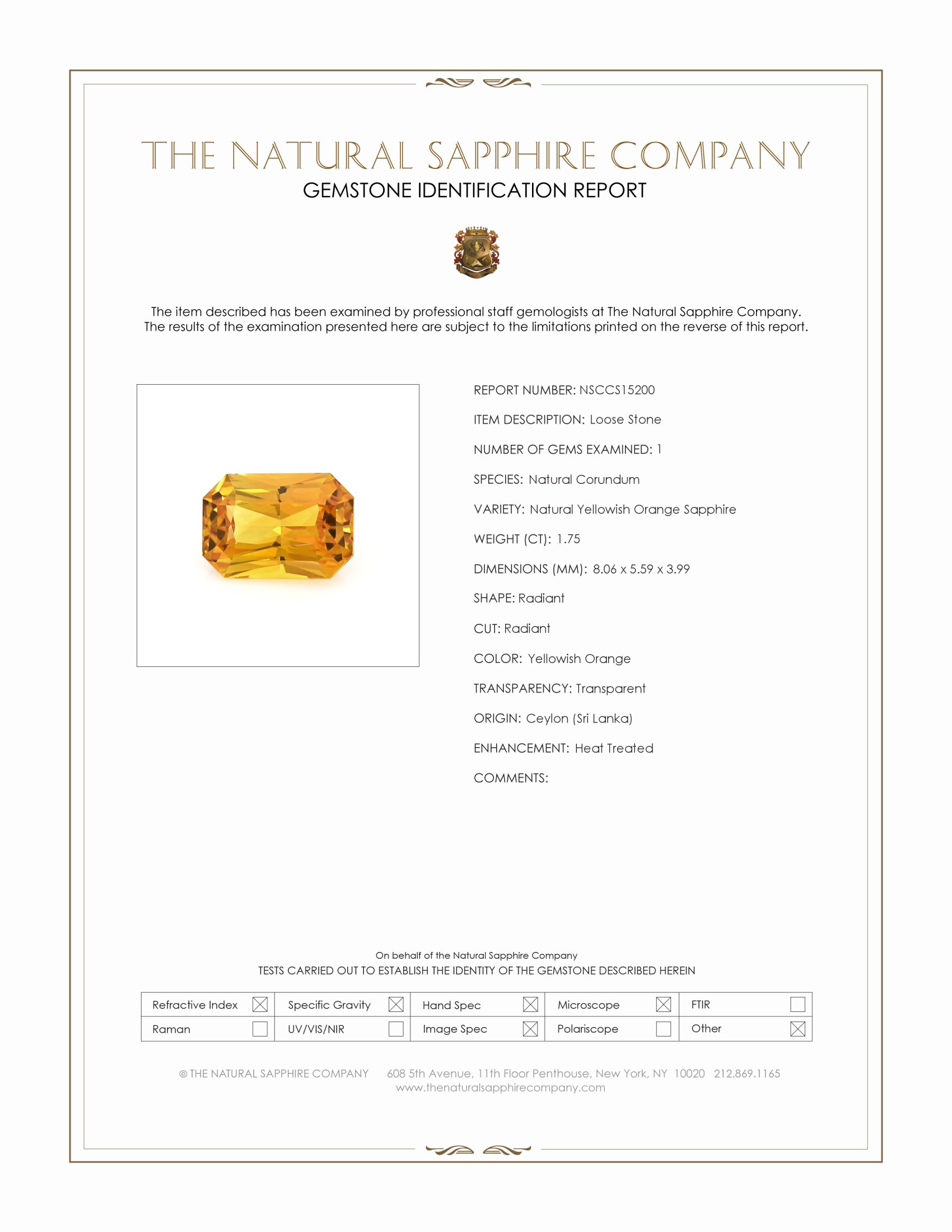 1.75 Ct. Orangish Yellow Sapphire from Ceylon (Sri Lanka)