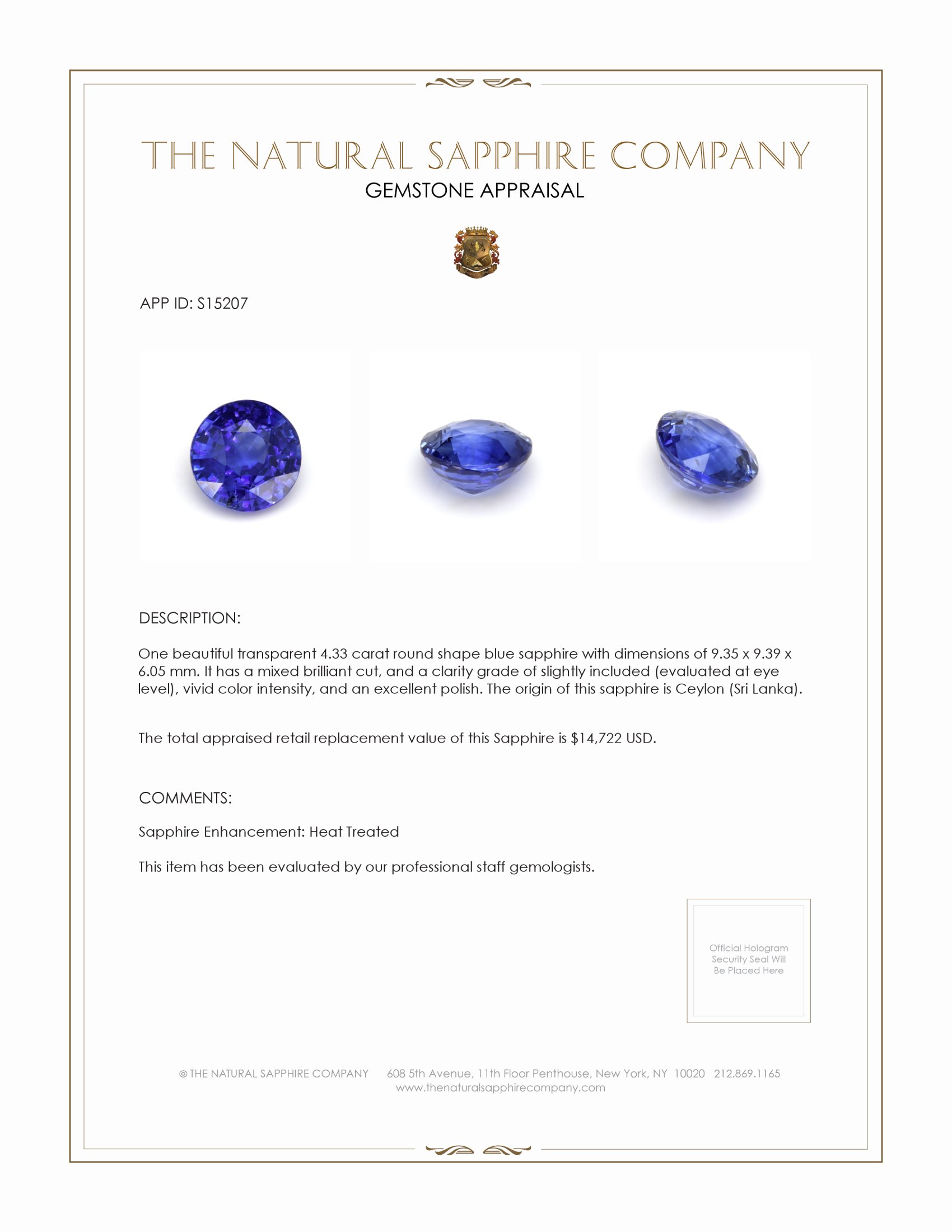 4.33 Ct. Blue Sapphire from Ceylon (Sri Lanka)