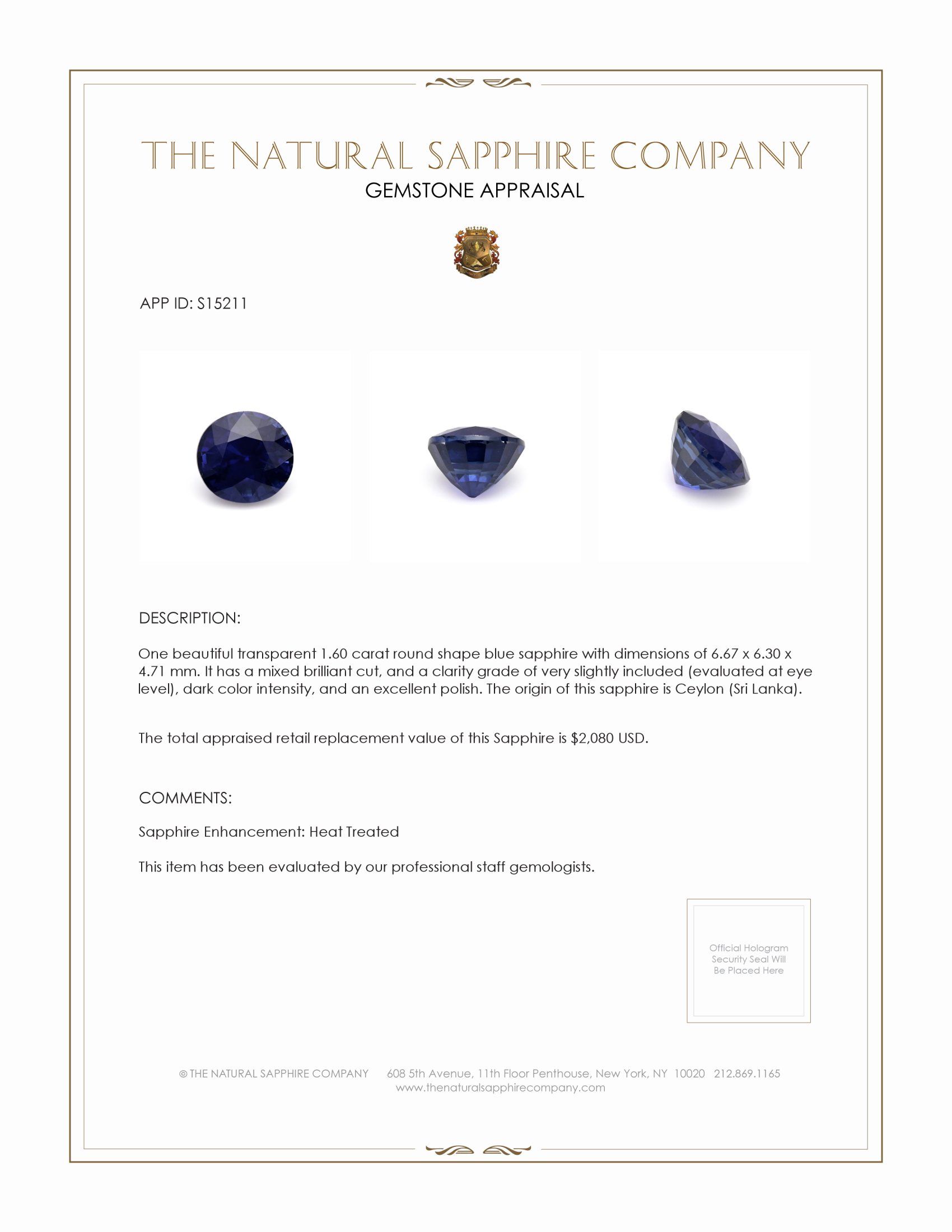 1.60 Ct. Blue Sapphire from Ceylon (Sri Lanka)