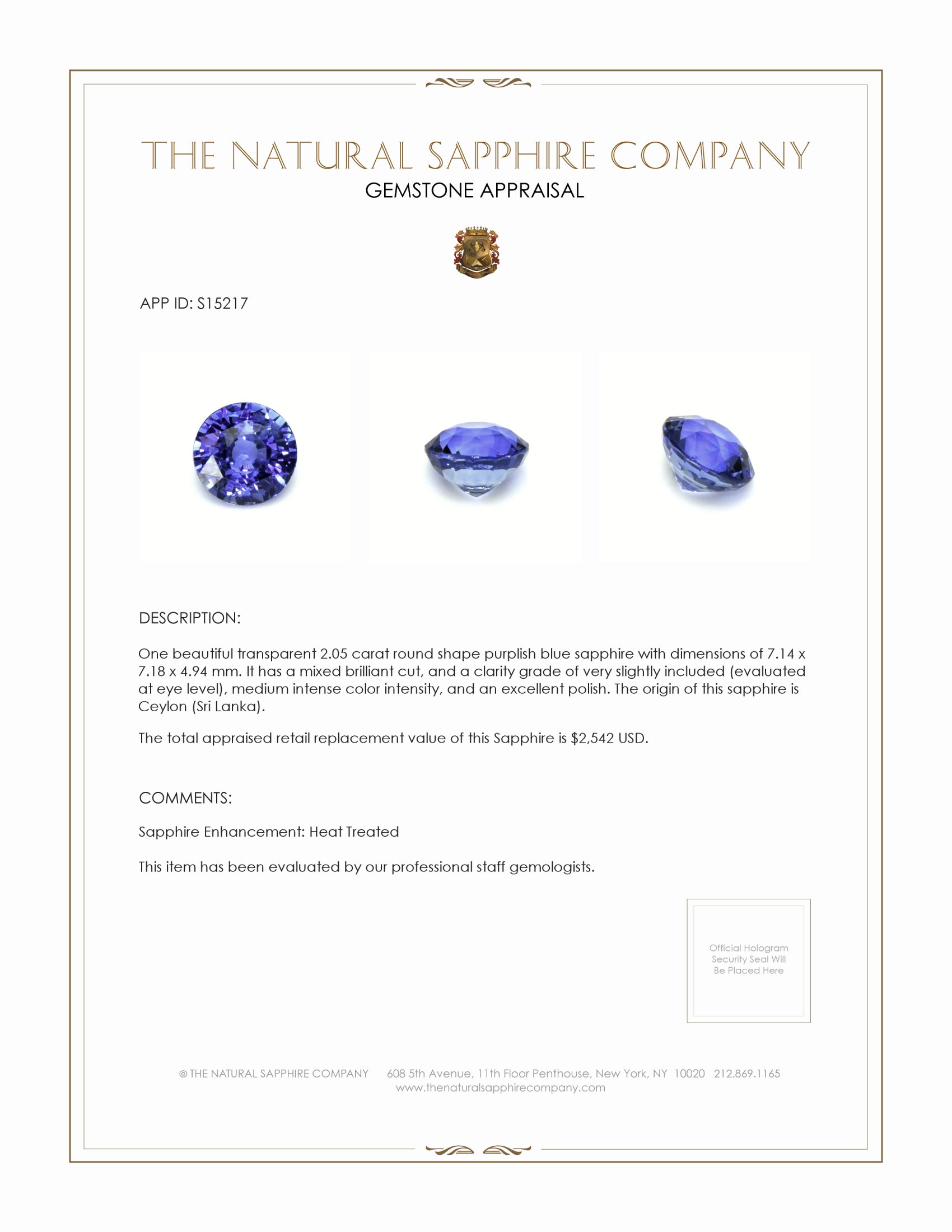 2.05 Ct. Purplish Blue Sapphire from Ceylon (Sri Lanka)