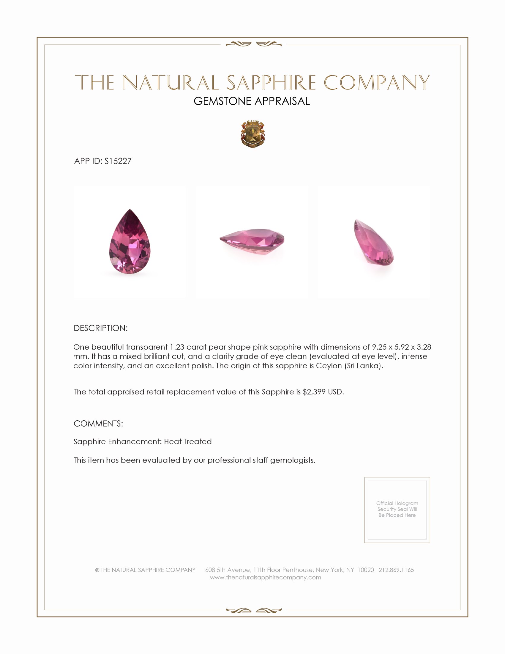1.23 Ct. Purplish Pink Sapphire from Ceylon (Sri Lanka)