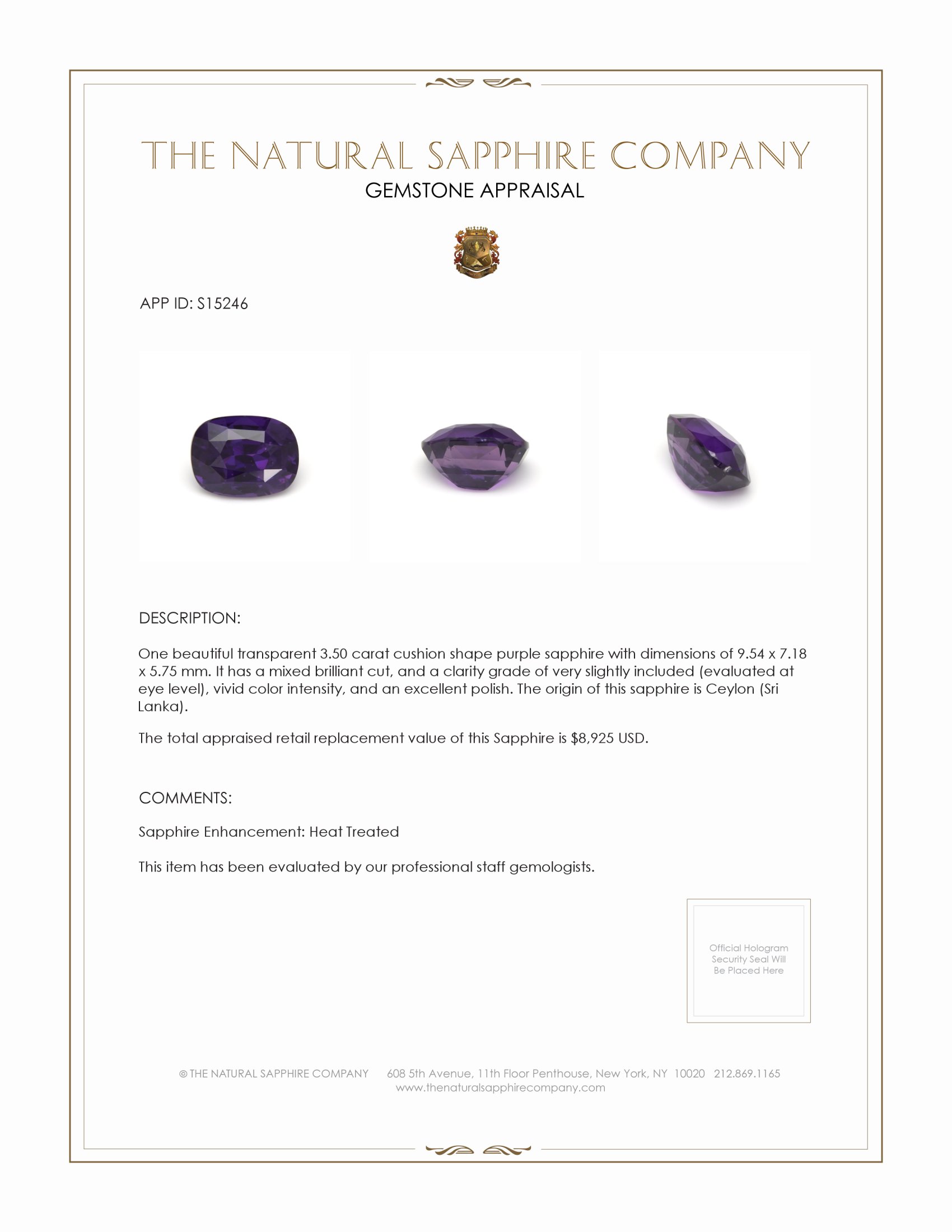 3.50 Ct. Purple Sapphire from Ceylon (Sri Lanka)
