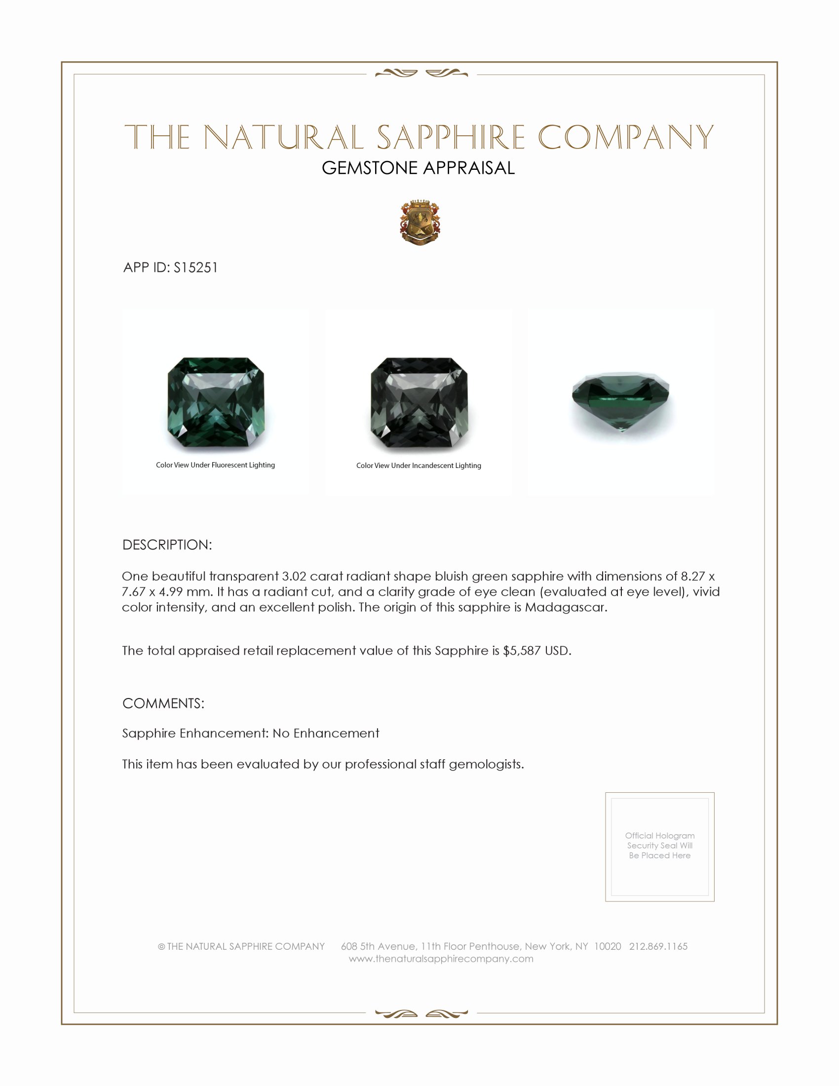 3.02 Ct. Bluish Green Sapphire from Madagascar