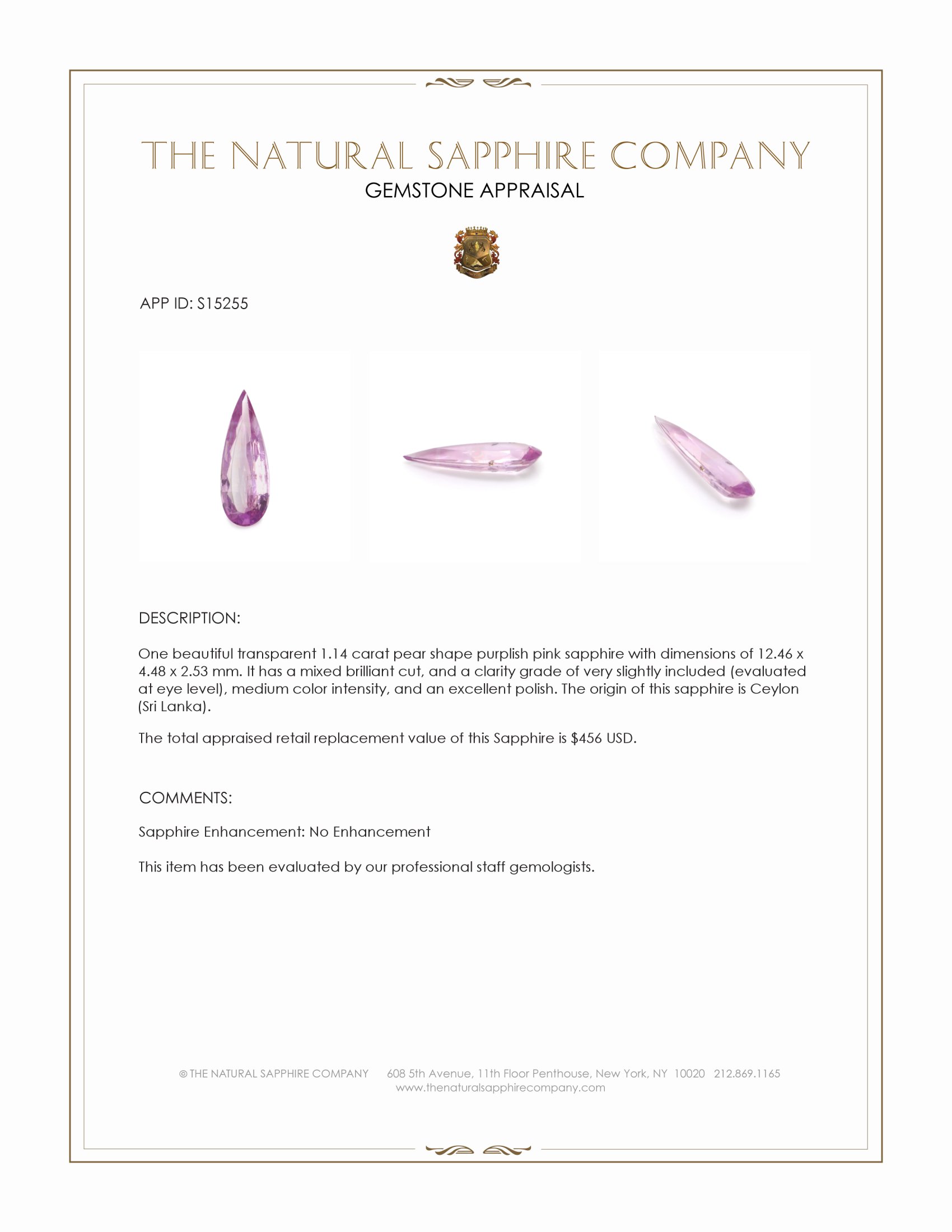 1.14 Ct. Purplish Pink Sapphire from Ceylon (Sri Lanka)