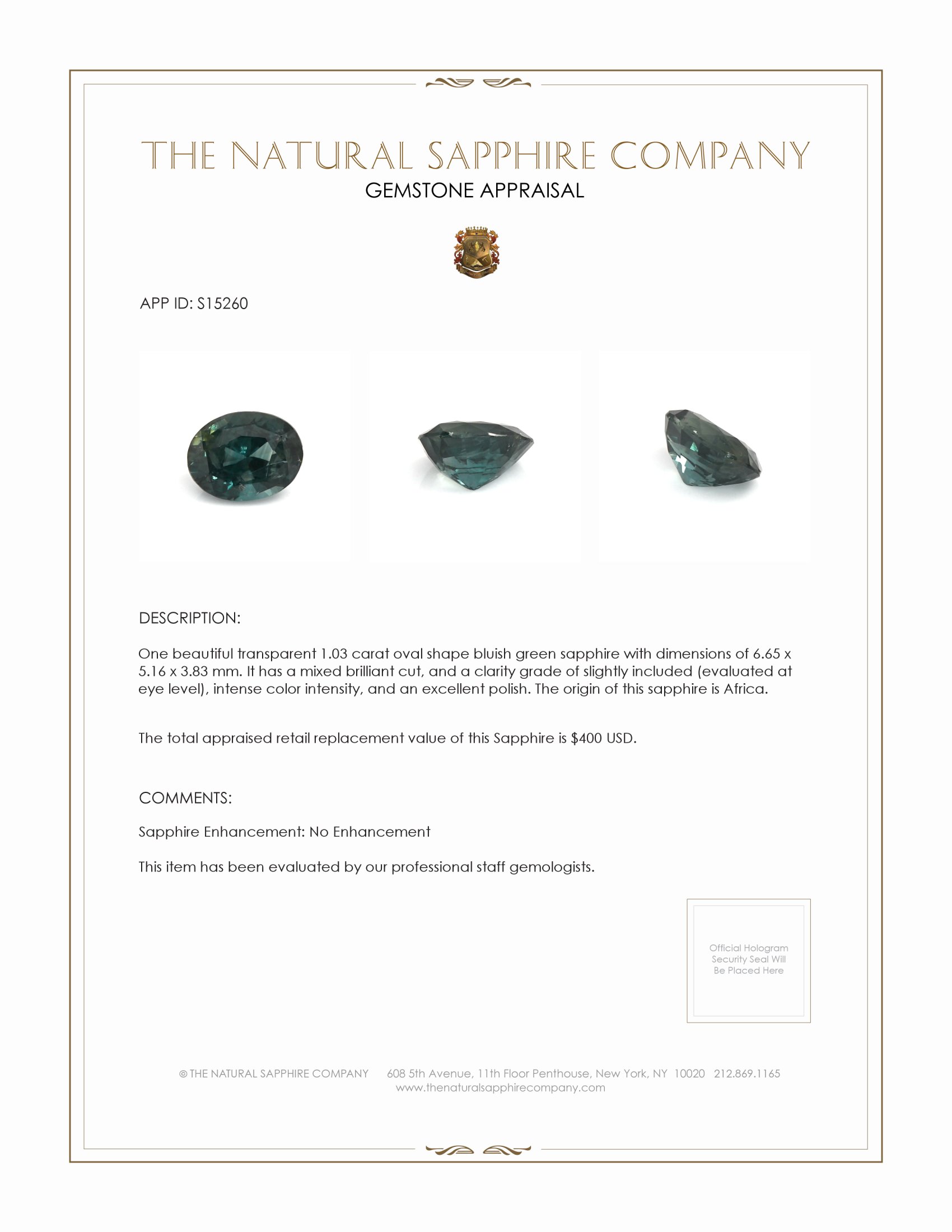 1.03 Ct. Bluish Green Sapphire from Africa
