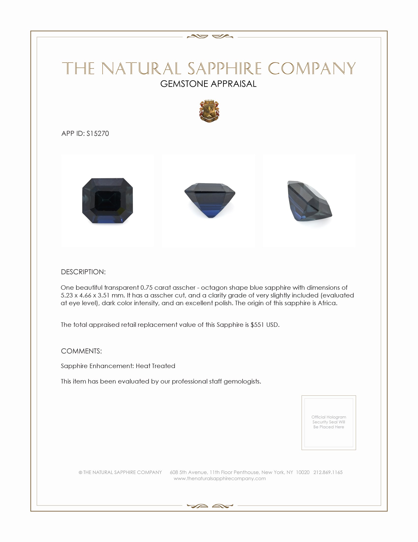 0.75 Ct. Blue Sapphire from Africa