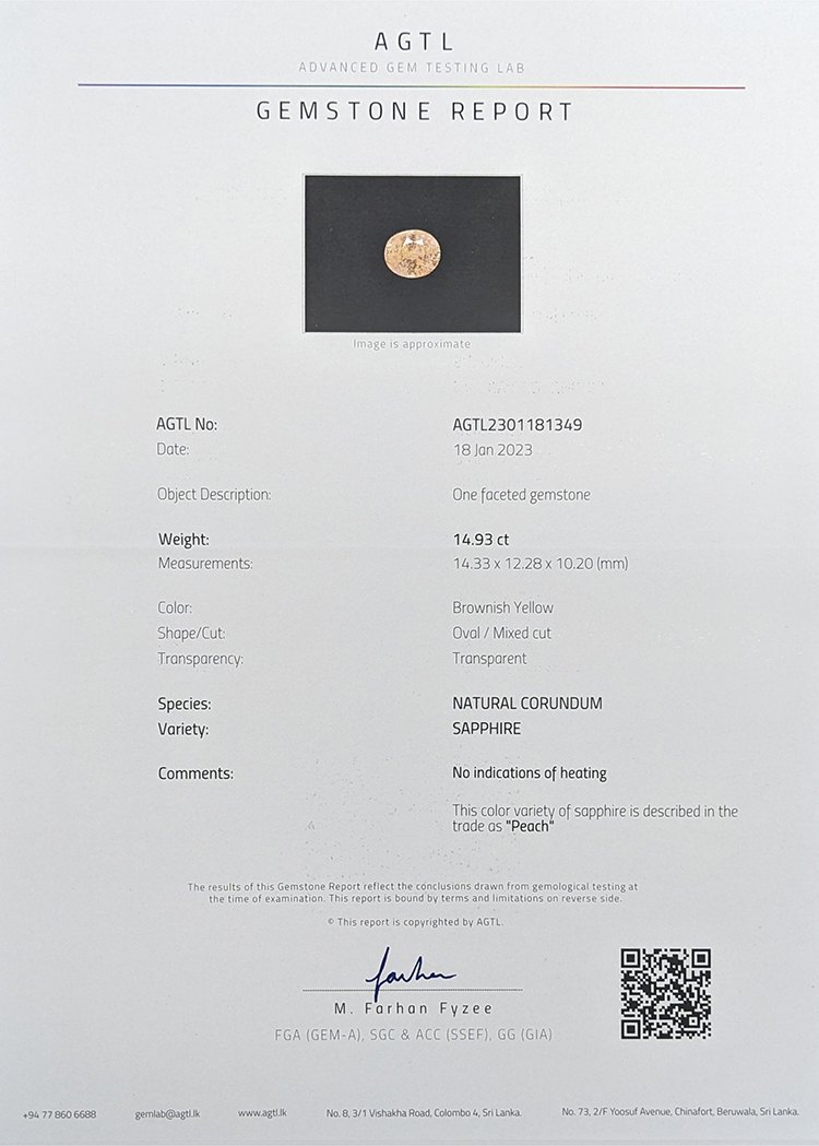 14.93 Ct. Peach Sapphire from Ceylon (Sri Lanka)