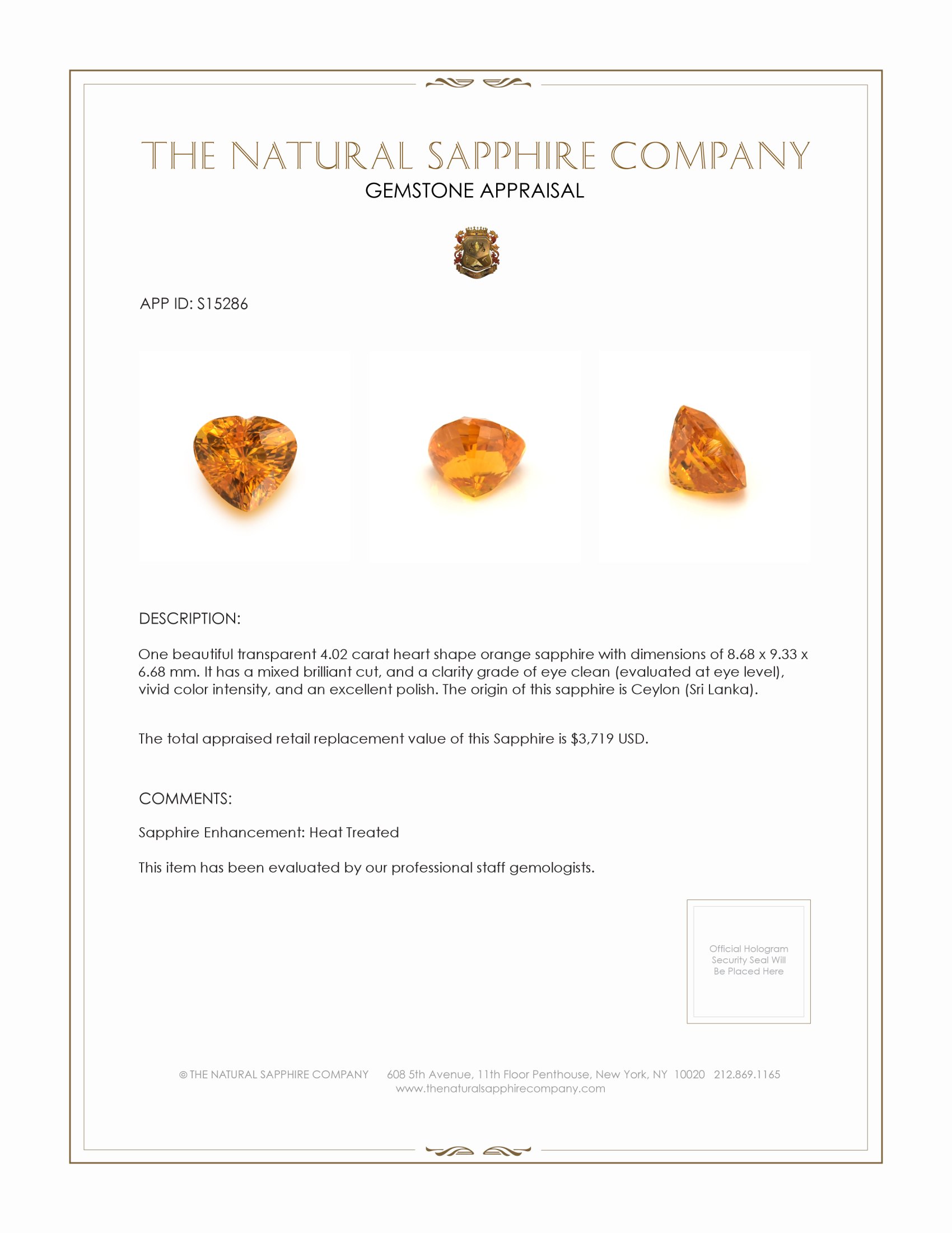 4.02 Ct. Orange Sapphire from Ceylon (Sri Lanka)