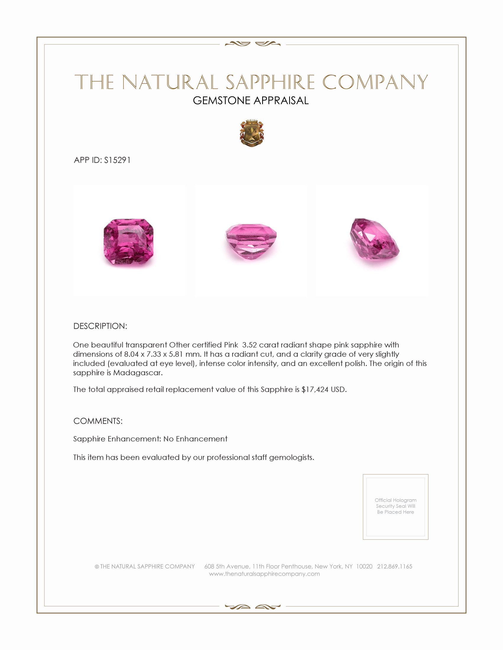 3.52 Ct. Pink Sapphire from Madagascar